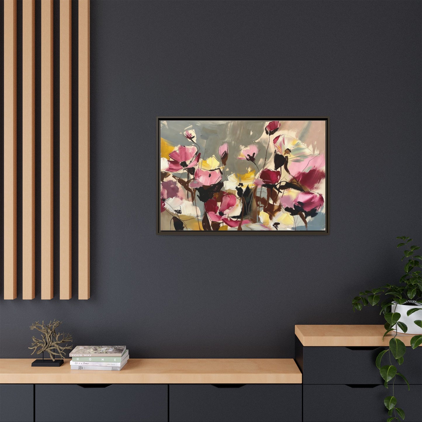 Framed Floral Canvas Wall Art — Abstract Pink & Yellow Flowers