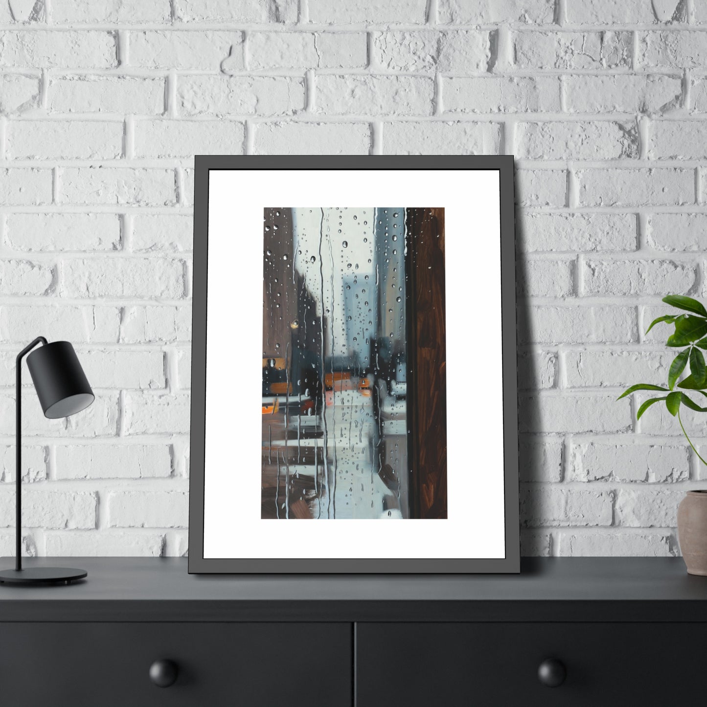 Framed Cityscape Poster — Rainy Window Urban Art Print