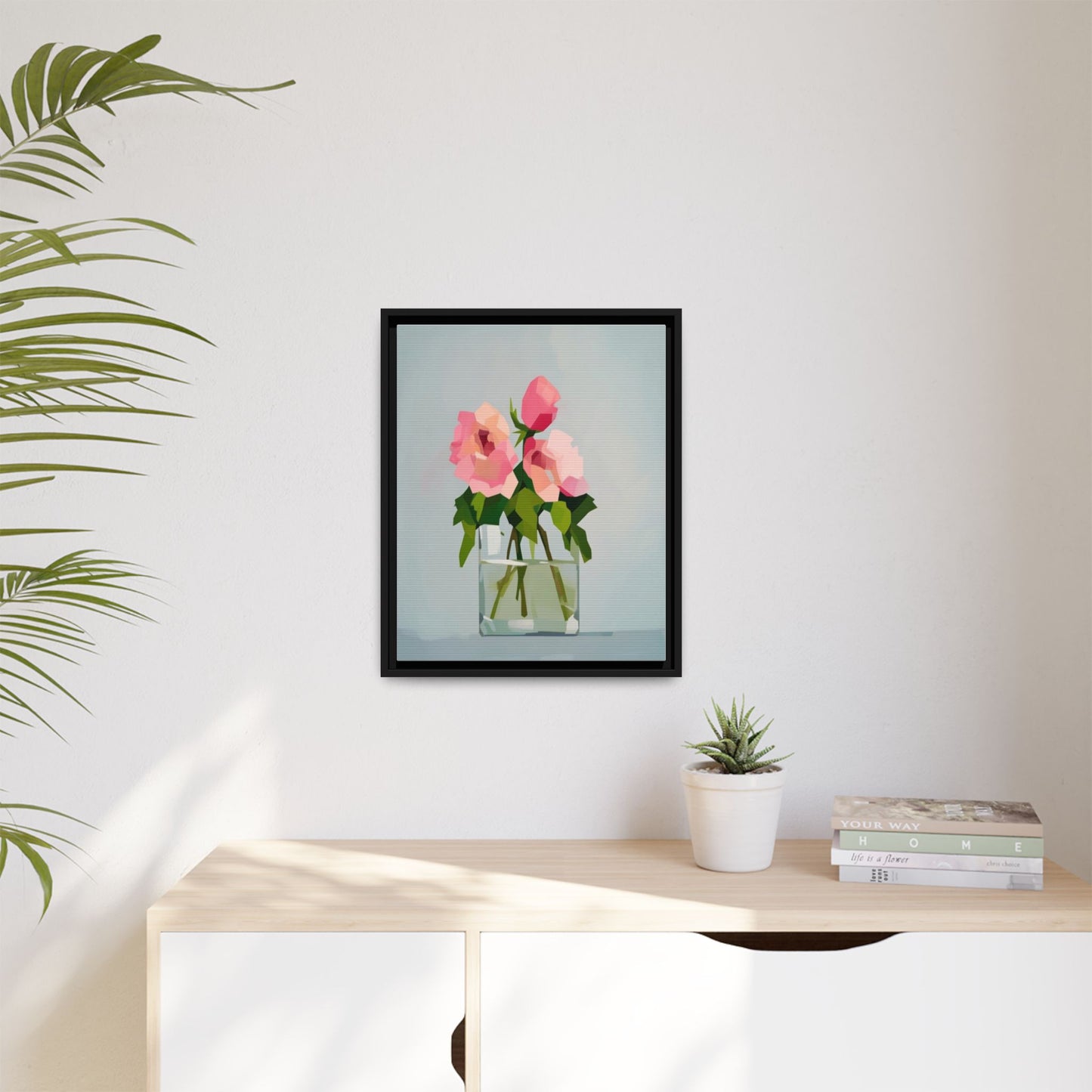 Framed Floral Canvas Print — Pink Roses in Glass Vase (Matte)