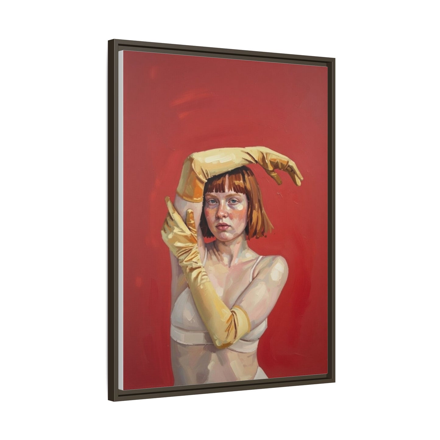 Framed Matte Canvas Art - Portrait of Woman in Yellow Gloves (Red Background)