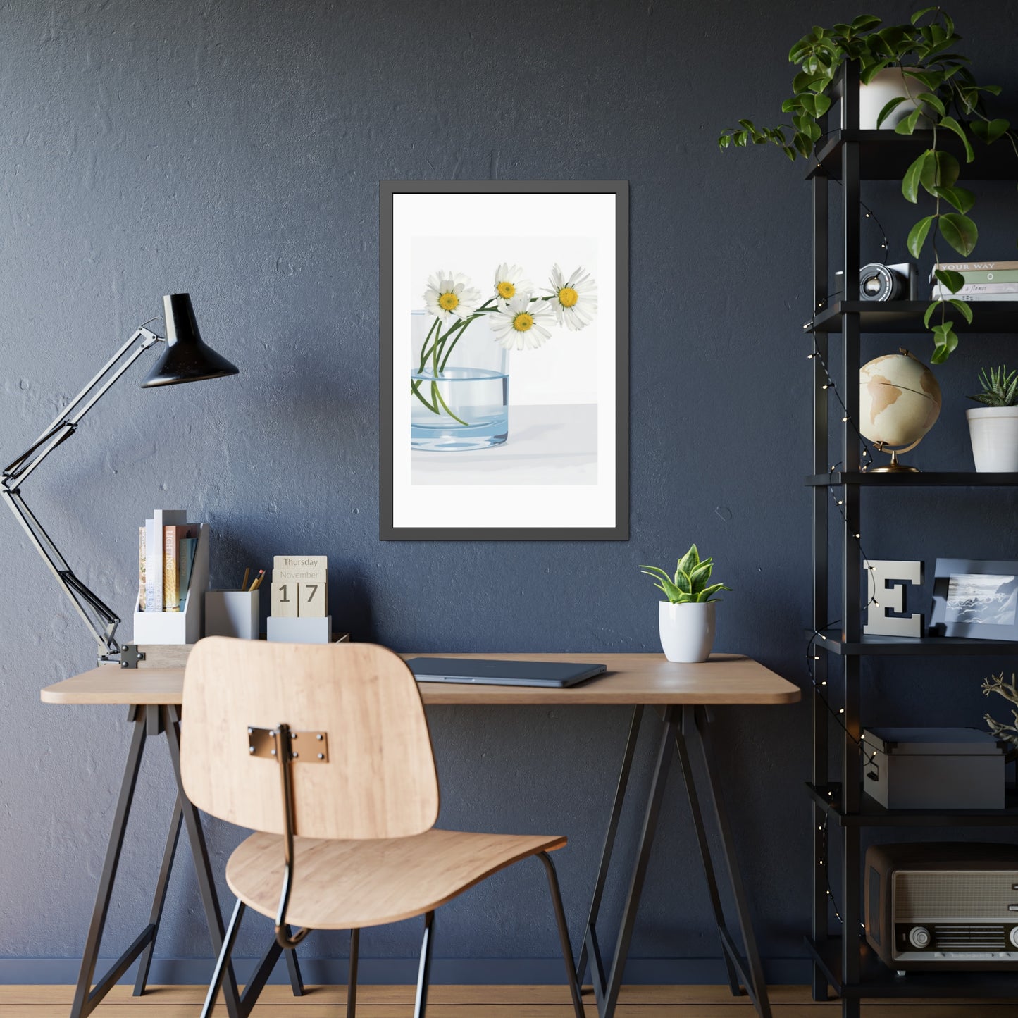 Framed Poster — Daisies in Glass Vase Wall Art, Minimal Botanical Print for Living Room