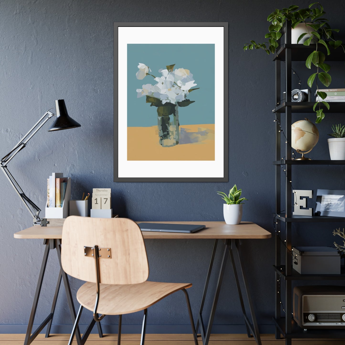 Framed Floral Poster - Modern White Blossoms in Vase Wall Art