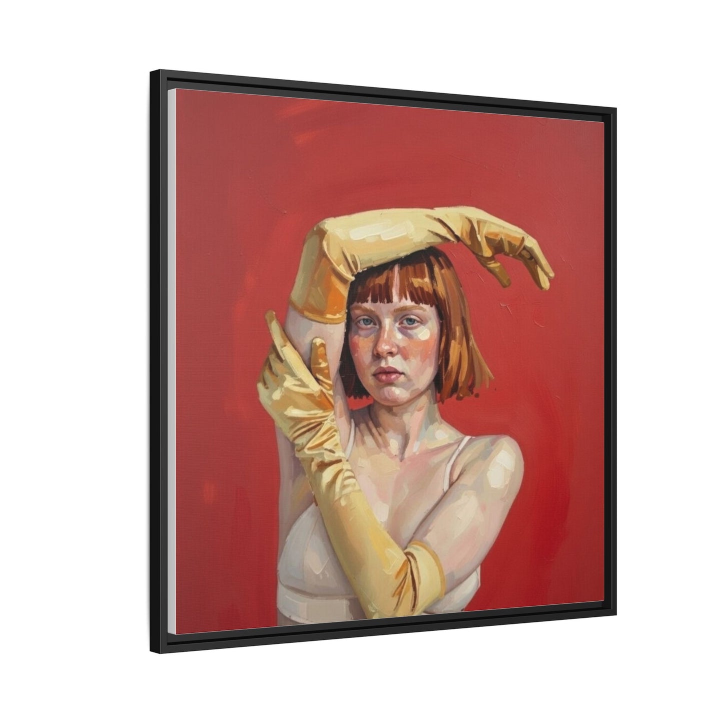 Framed Matte Canvas Art - Portrait of Woman in Yellow Gloves (Red Background)