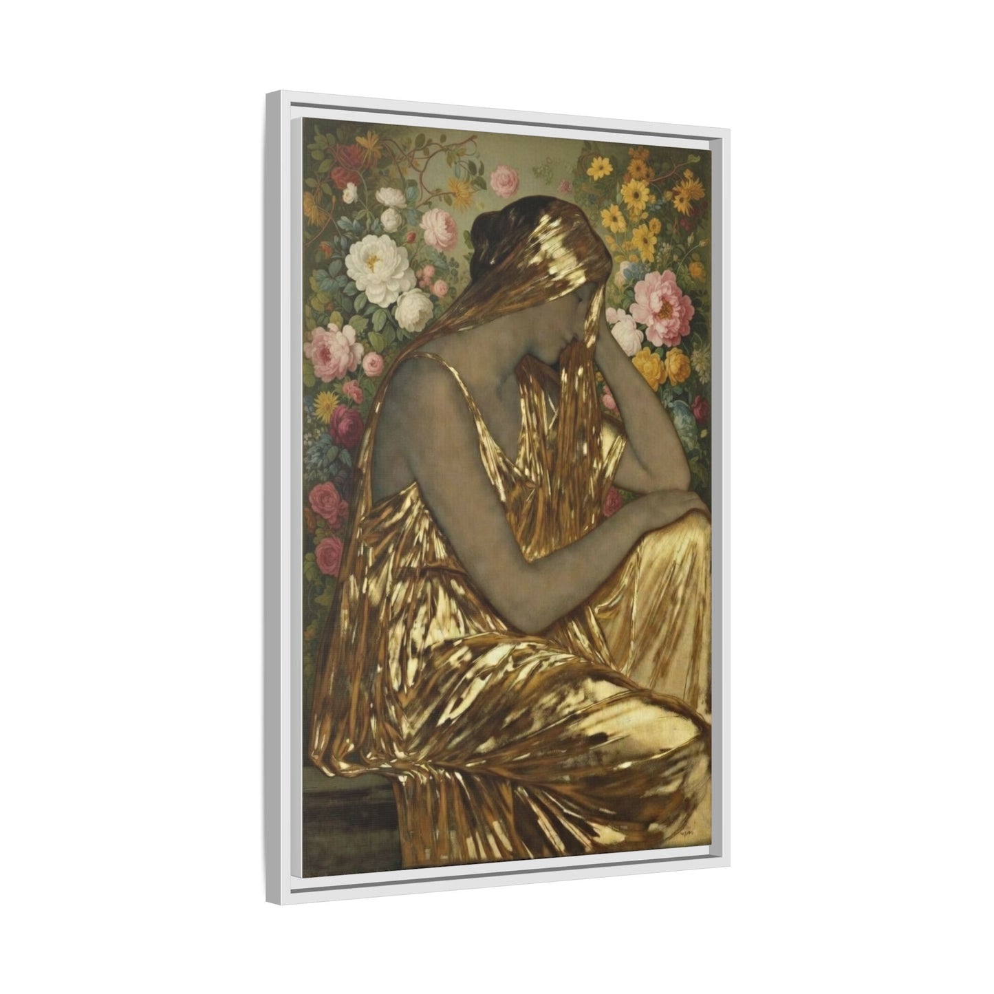 Framed Canvas Art Print — Golden Muse Woman with Floral Background