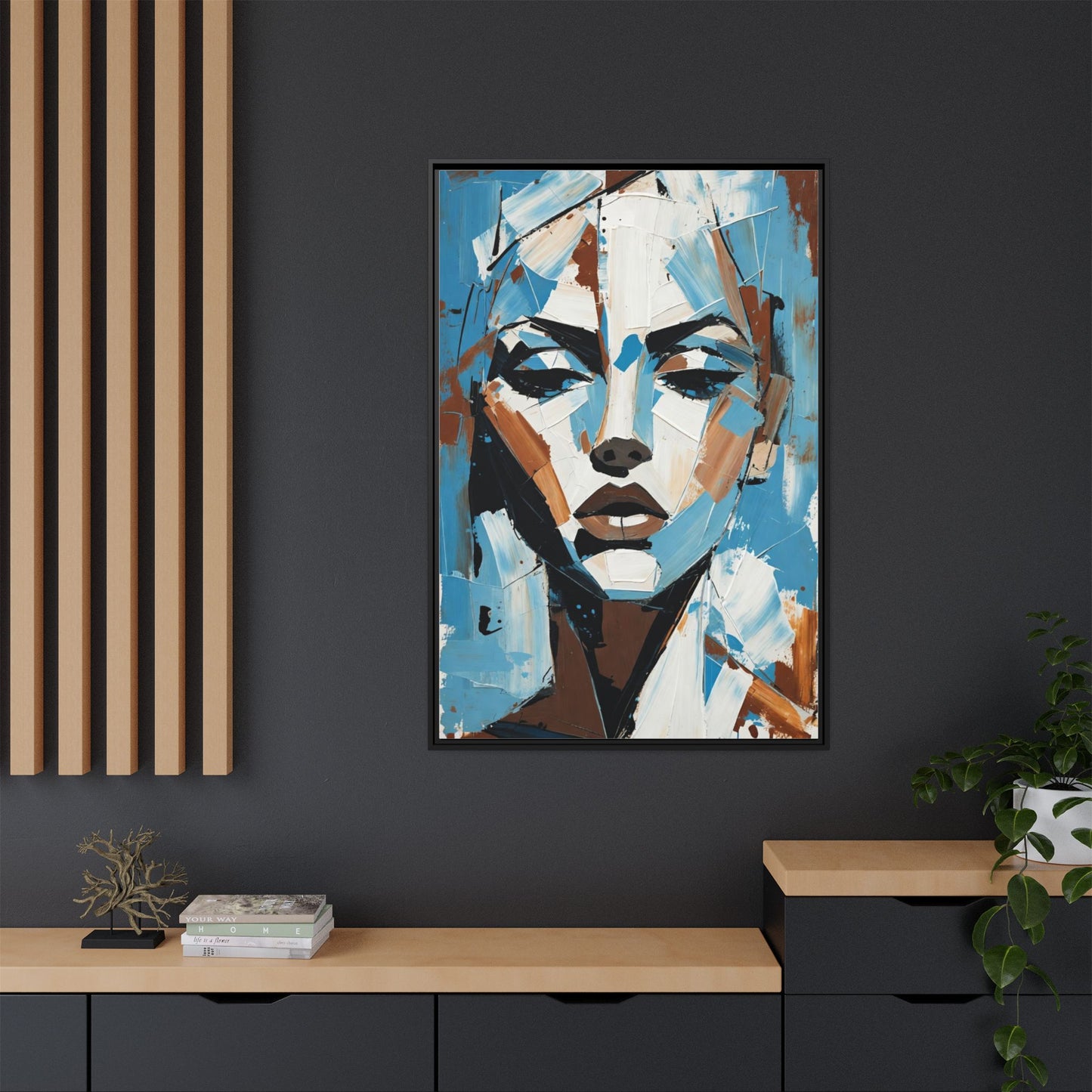 Abstract Blue Face Matte Canvas Wall Art — Framed Modern Portrait Print