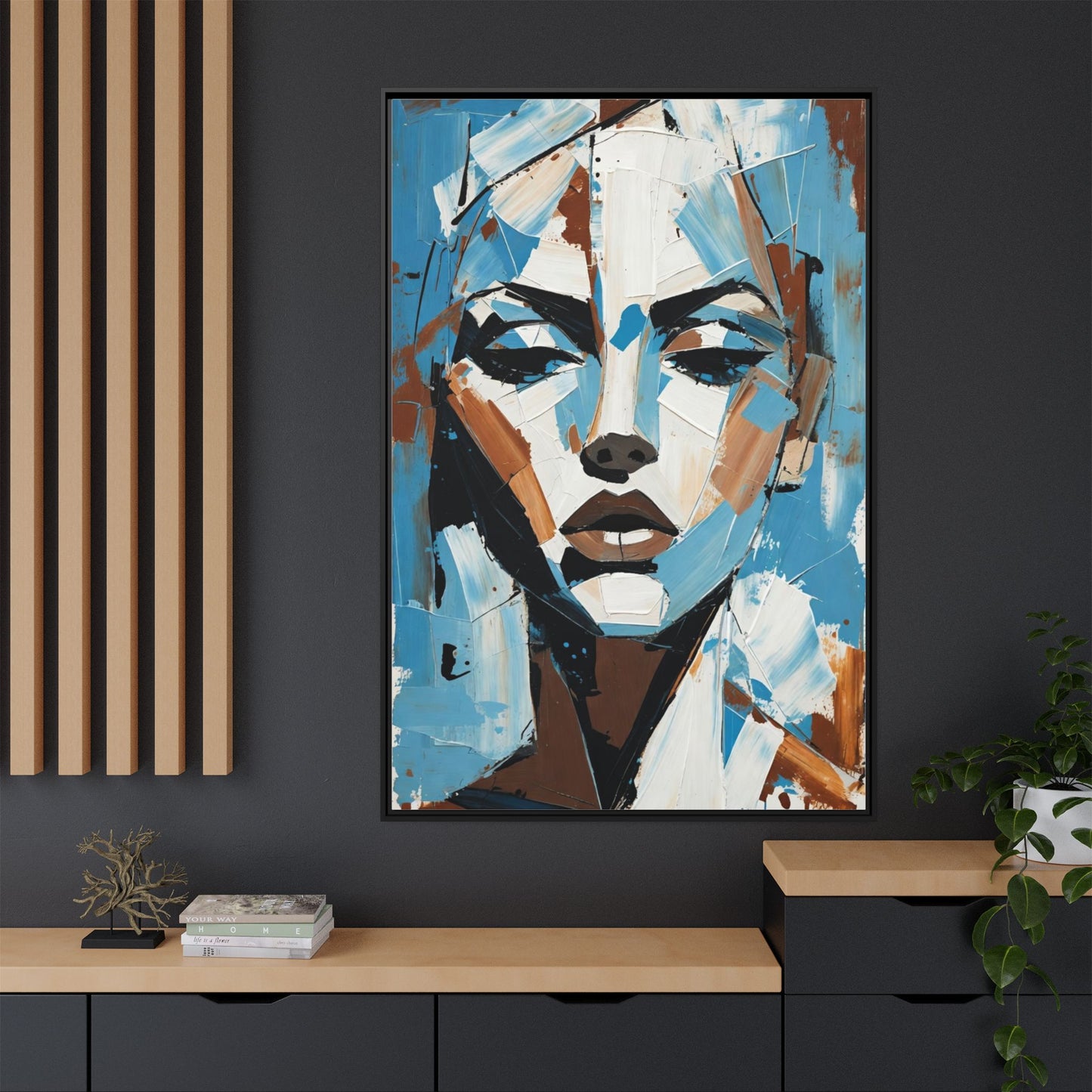 Abstract Blue Face Matte Canvas Wall Art — Framed Modern Portrait Print