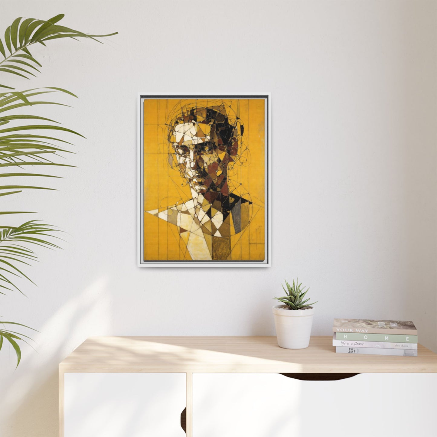 Framed Matte Canvas Art - Abstract Geometric Portrait on Mustard Yellow