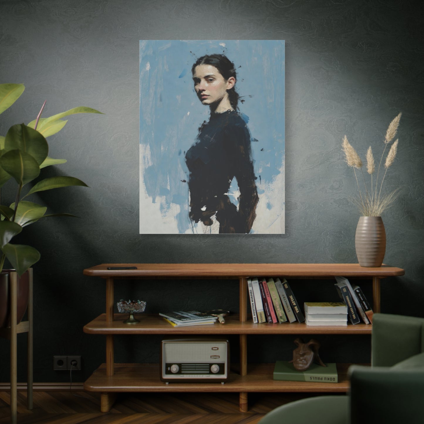 Matte Stretched Canvas Print — Portrait of a Young Woman, Moody Blue Figurative Art