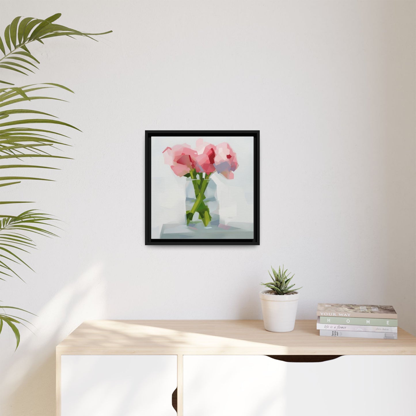 Framed Floral Canvas Art — Pink Peonies in Vase (Matte)