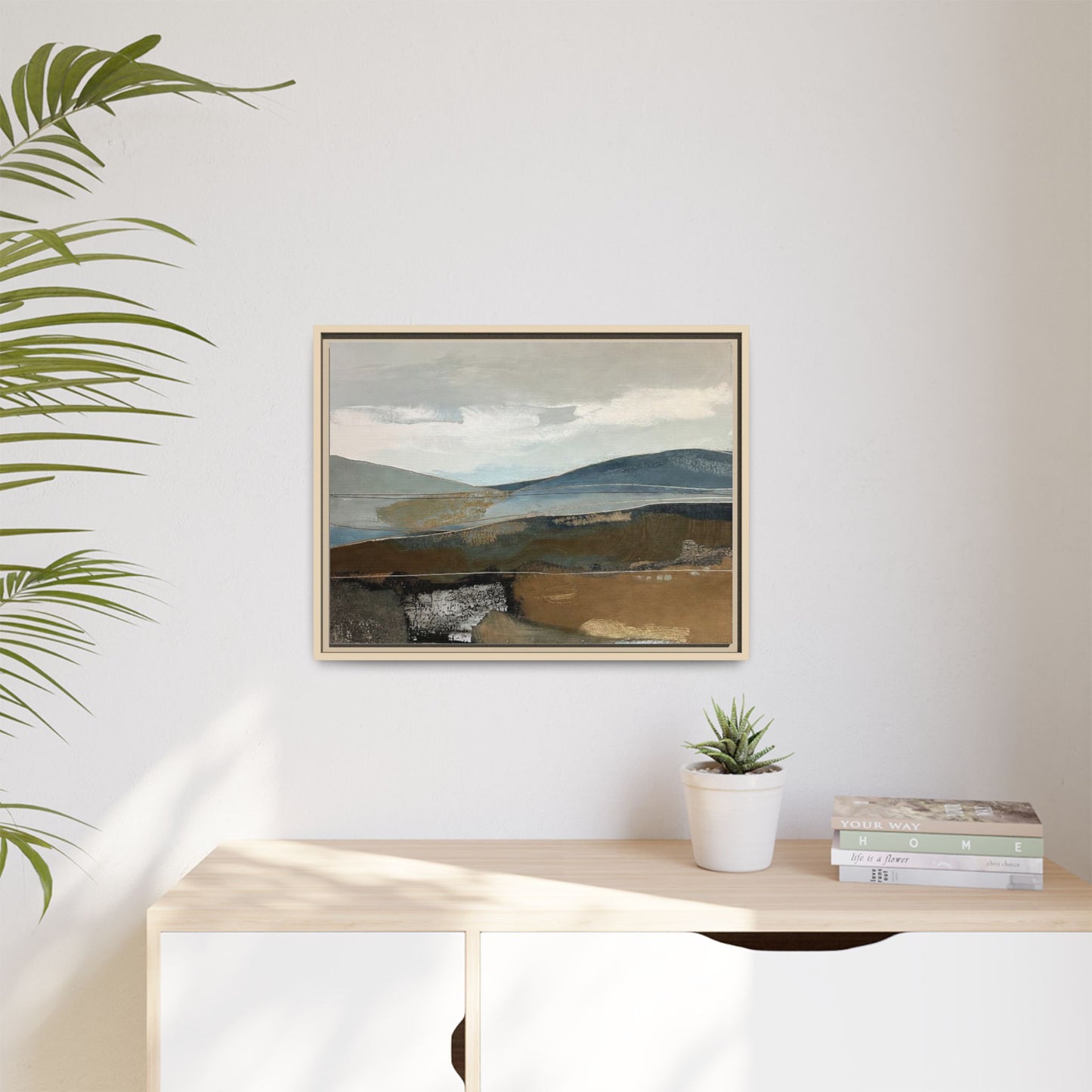 Framed Matte Canvas Landscape Art - Serene Abstract Hills in Blue & Earth Tones