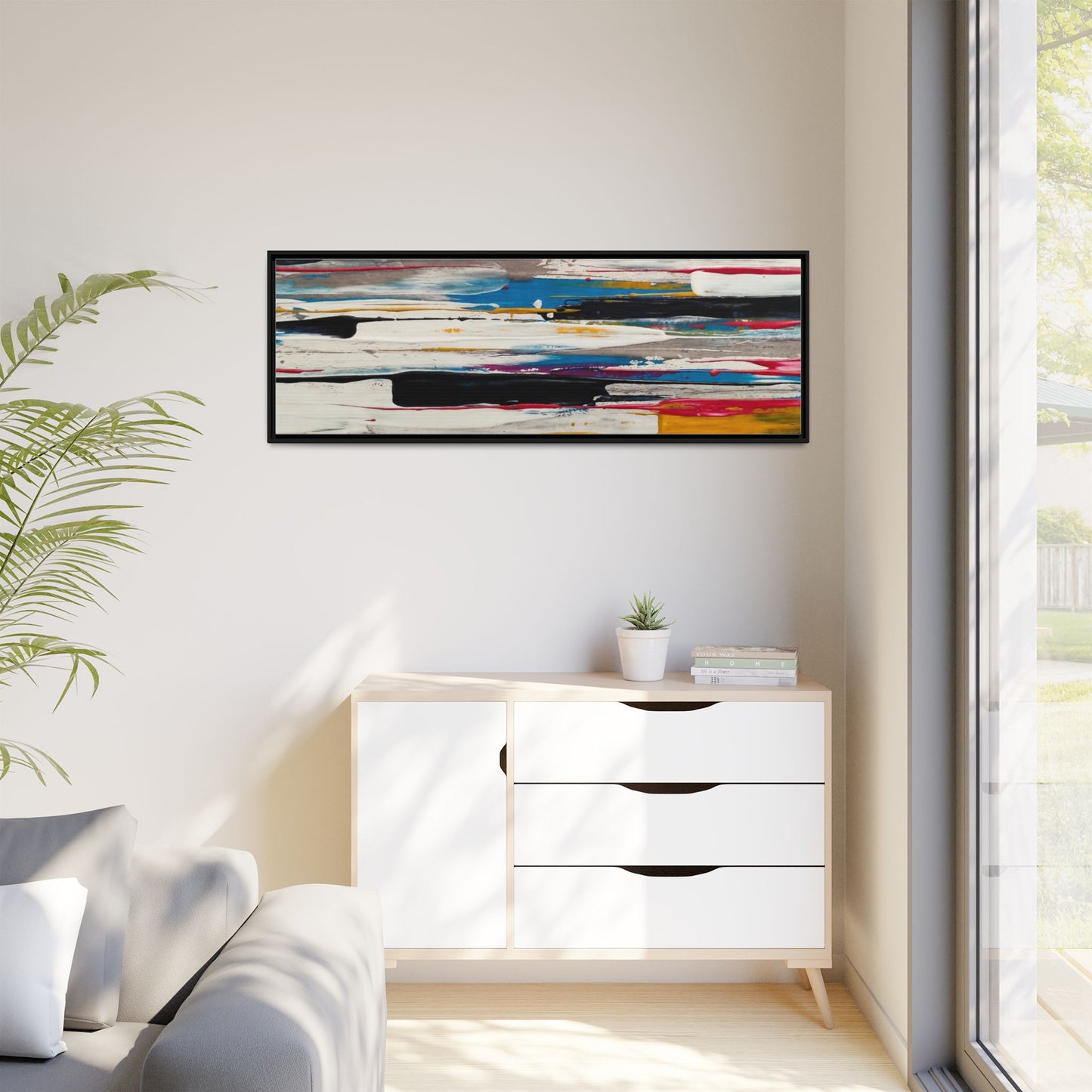 Abstract Multi-Color Framed Canvas Wall Art — Modern Horizontal Brushstroke Print