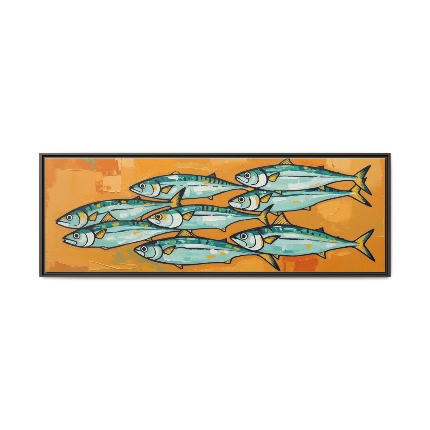 Framed Matte Canvas Print — School of Blue Fish on Orange Abstract Background