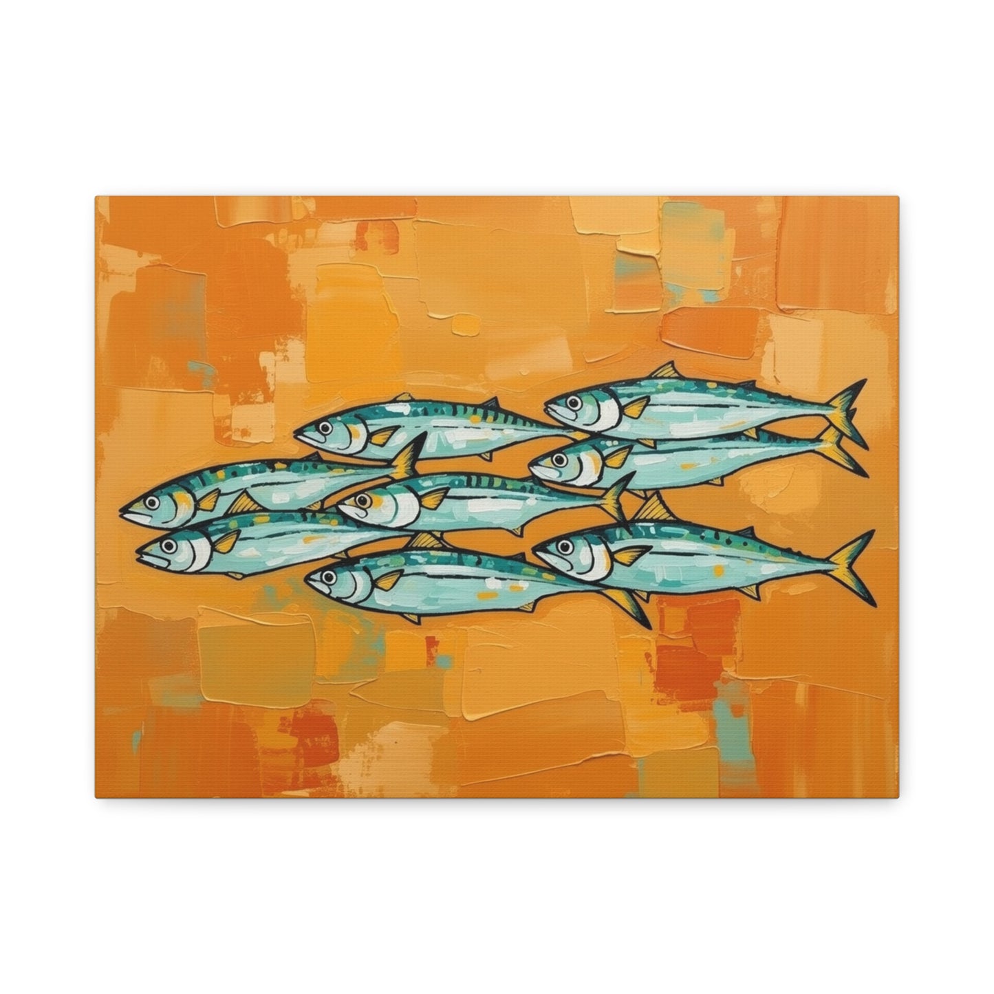 School of Mackerel Canvas Wall Art — Nautical Fish Painting on Orange Background