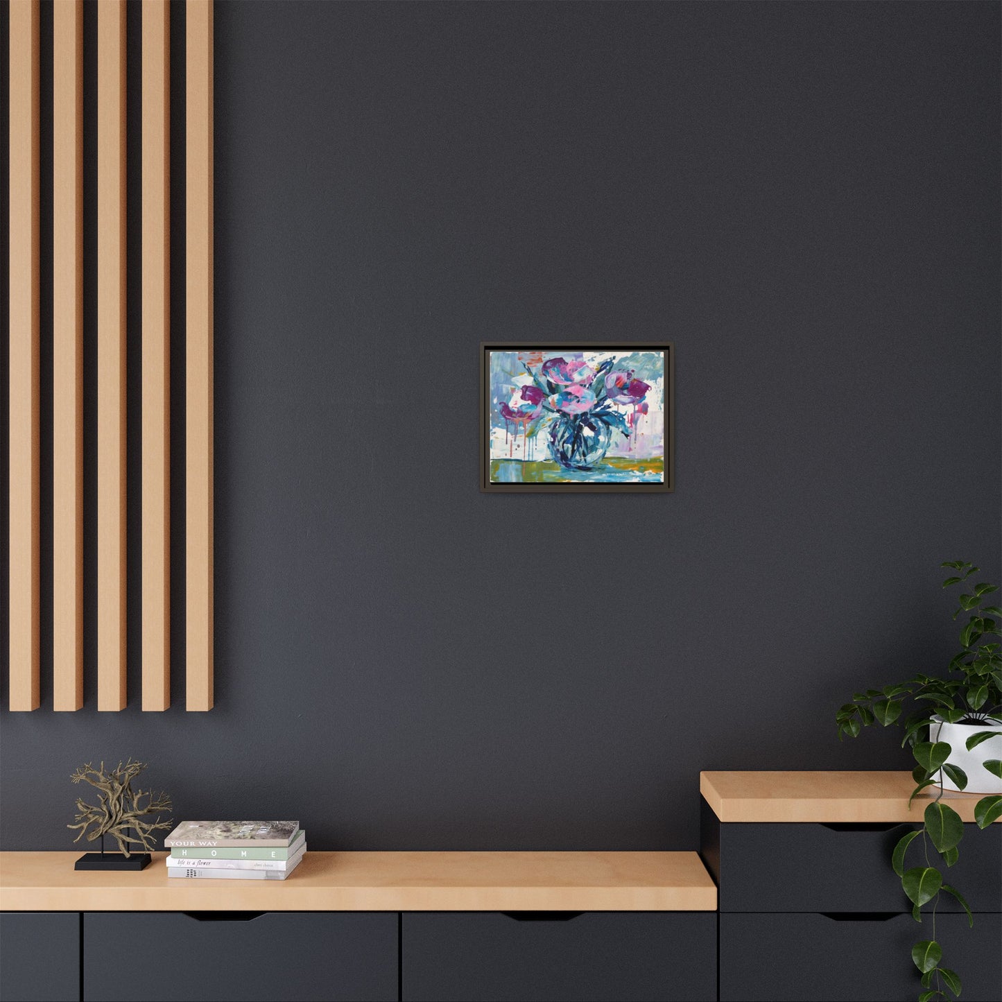 Framed Floral Canvas Art — Abstract Pink & Blue Bouquet