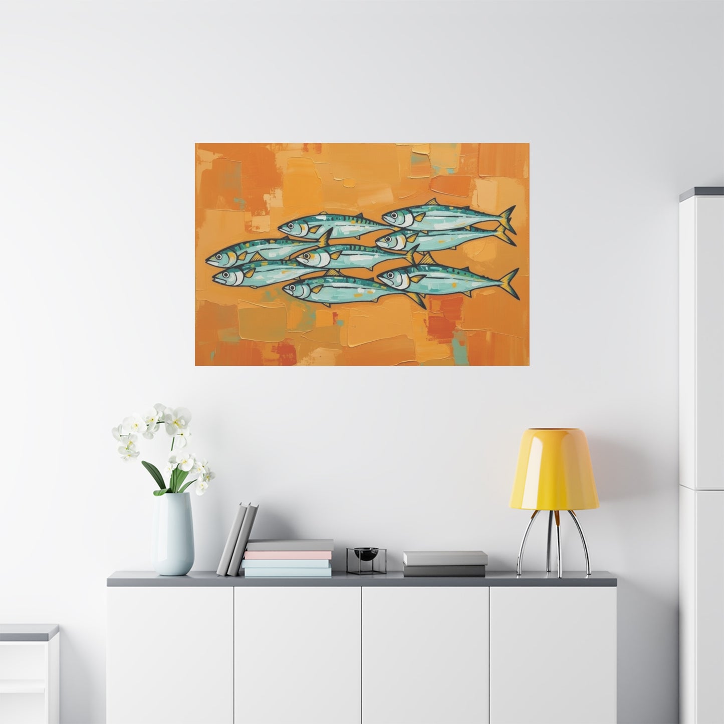 School of Mackerel Canvas Wall Art — Nautical Fish Painting on Orange Background