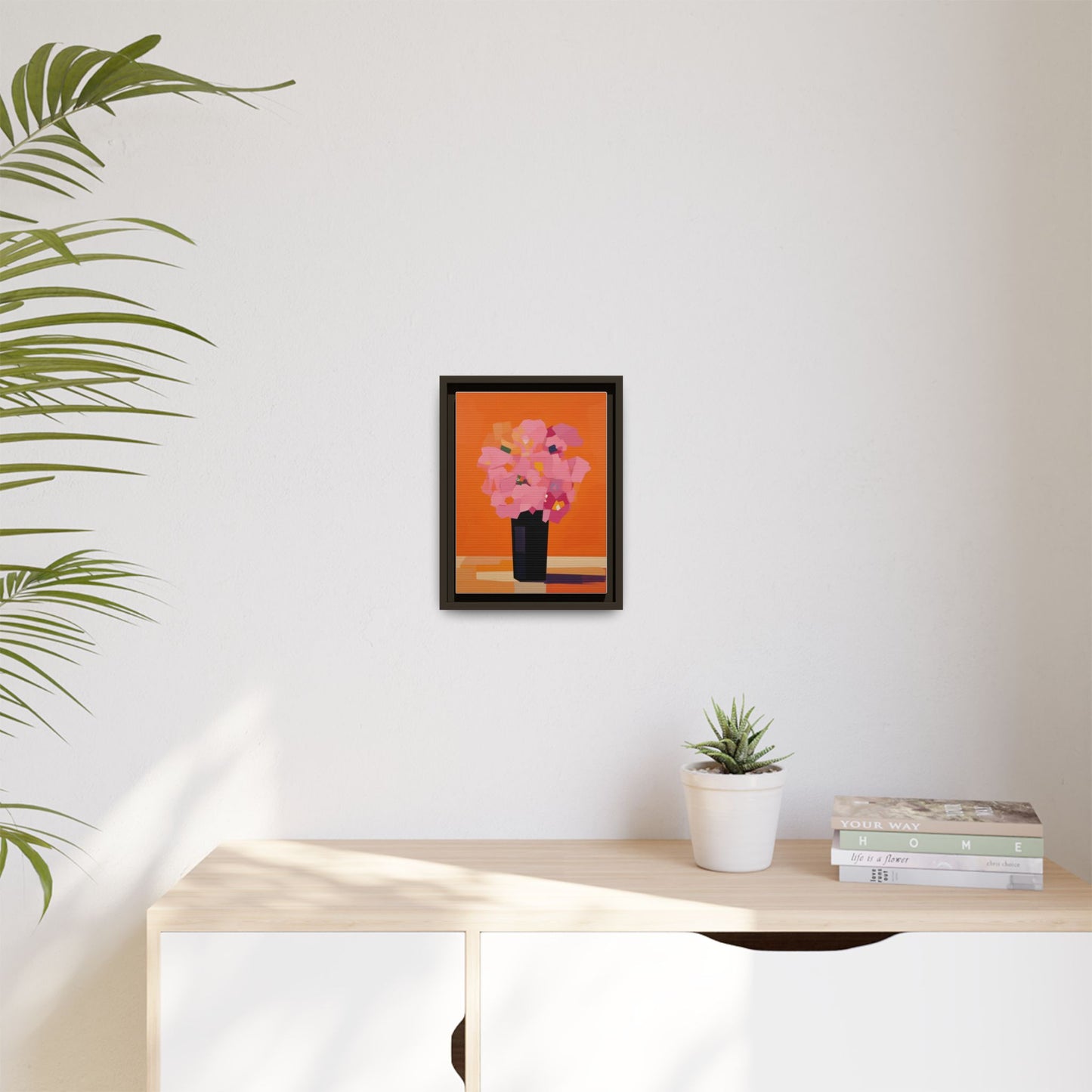 Framed Floral Canvas Art — Pink Bouquet on Orange Background