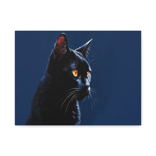 Matte Black Cat on blue background Canvas, Stretched, 1.25"