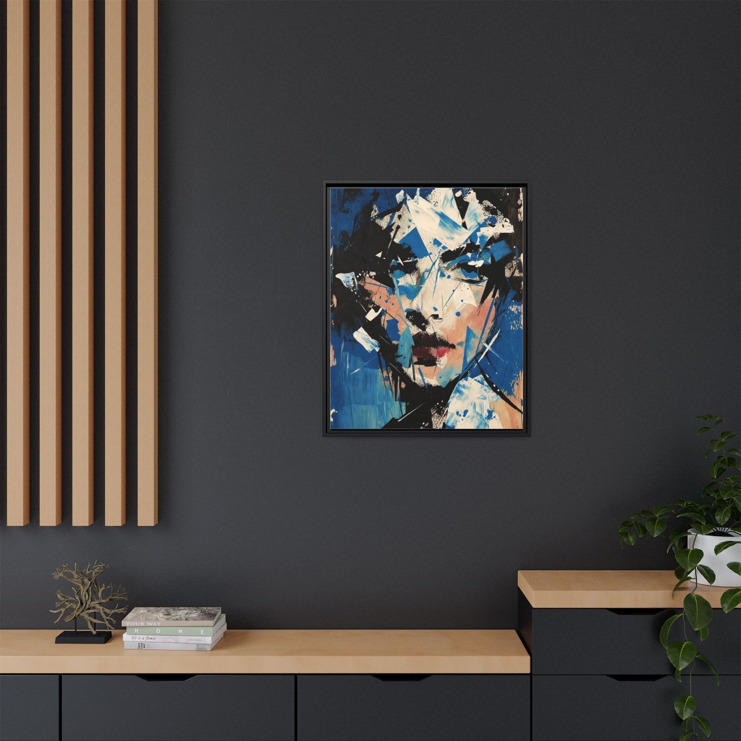 Abstract Portrait Matte Canvas Framed Wall Art — Blue Mixed-Media Face Print