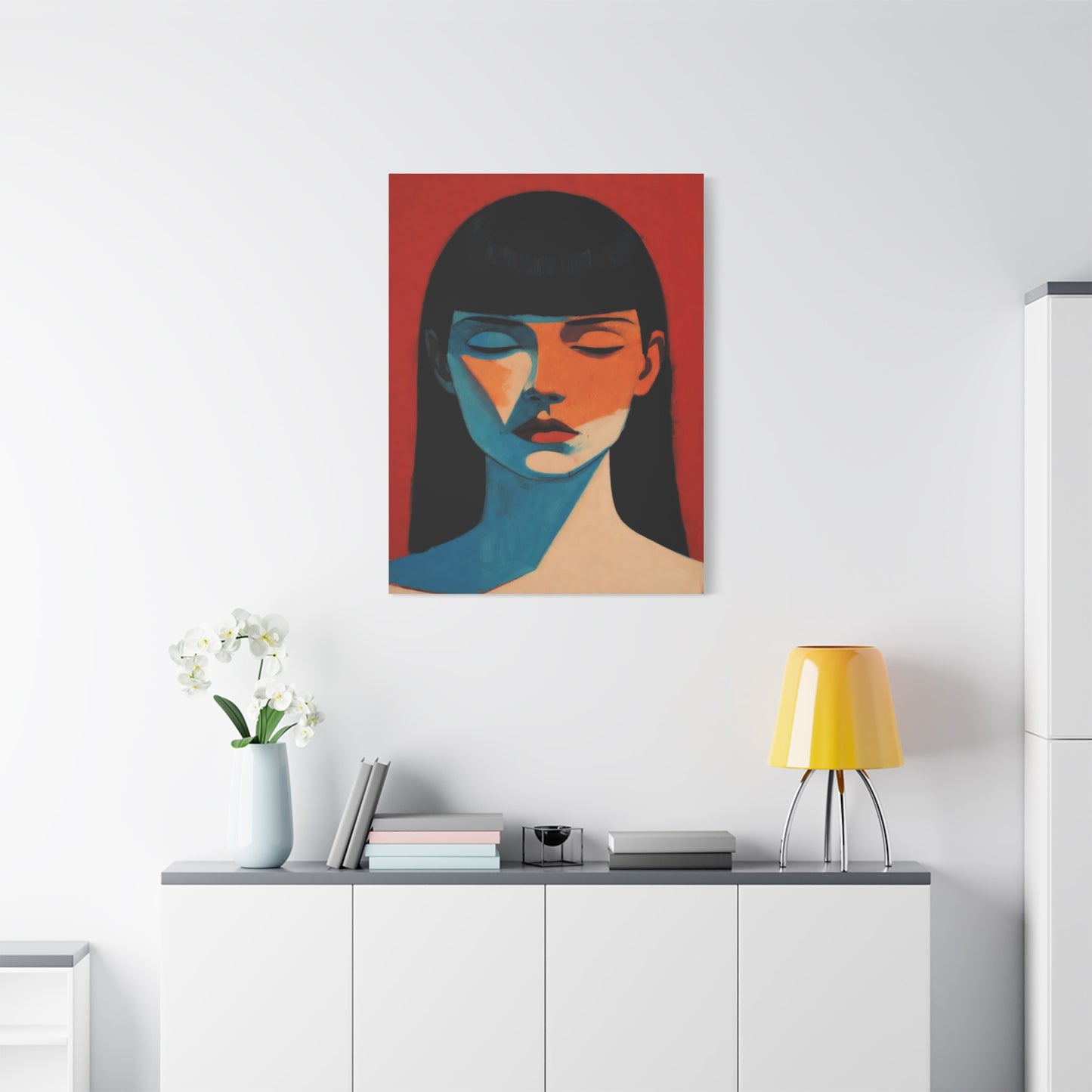 Portrait Canvas Wall Art — Modern Minimalist Woman in Red & Blue