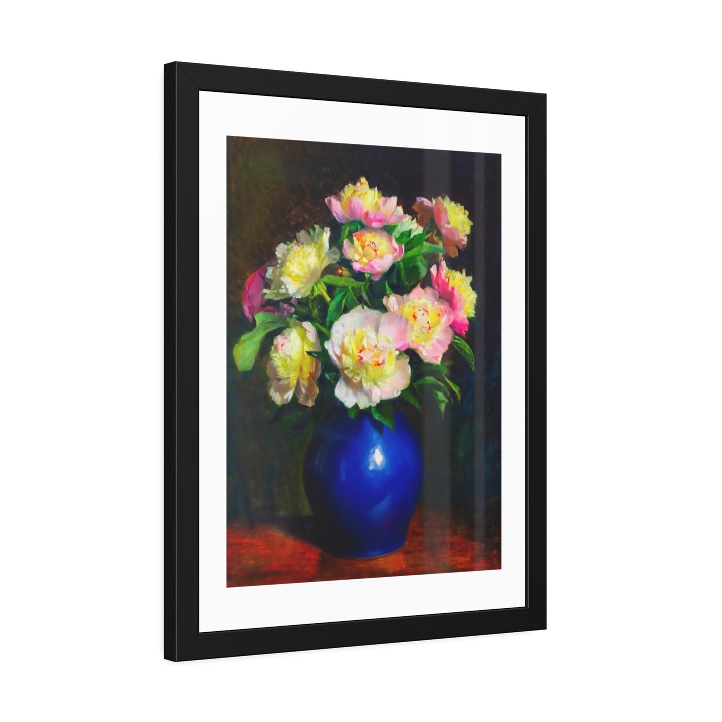 Framed Floral Poster — Pink Peonies in Blue Vase Wall Art