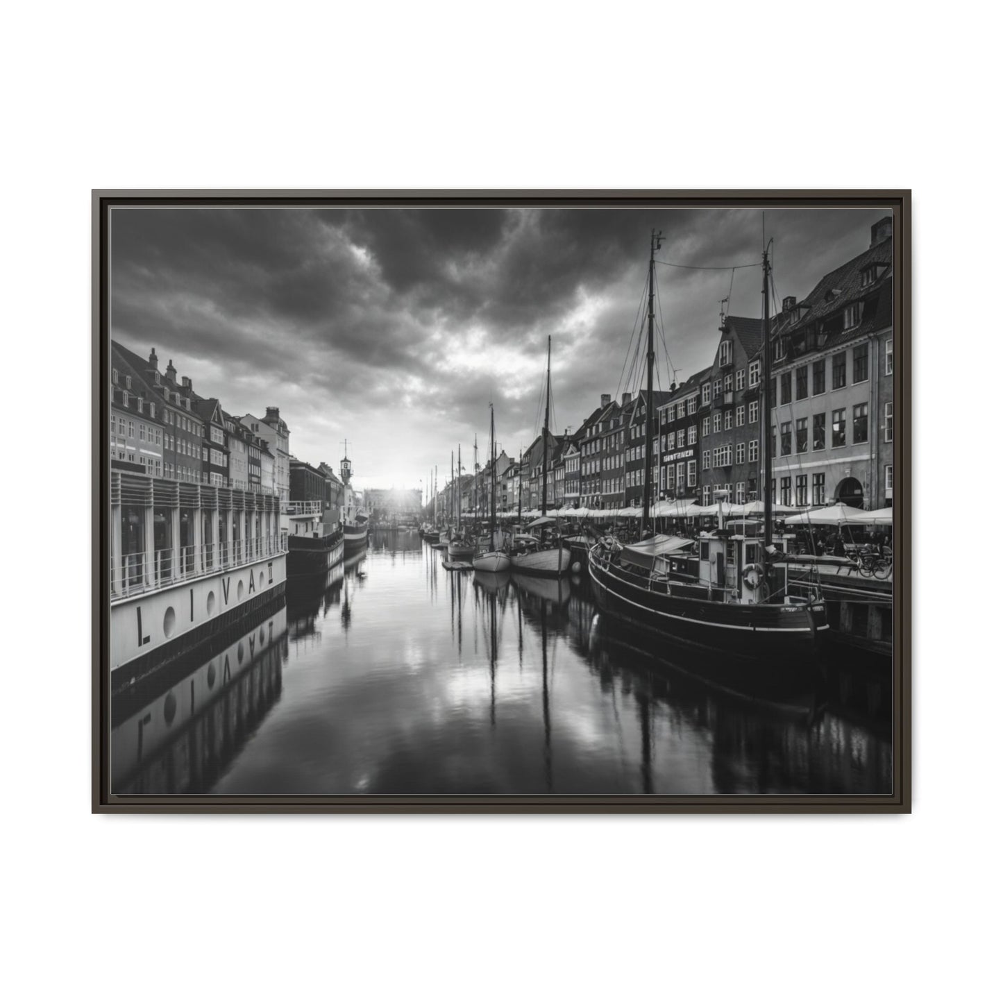 Framed Matte Canvas: Black & White Dutch Canal Photography Wall Art