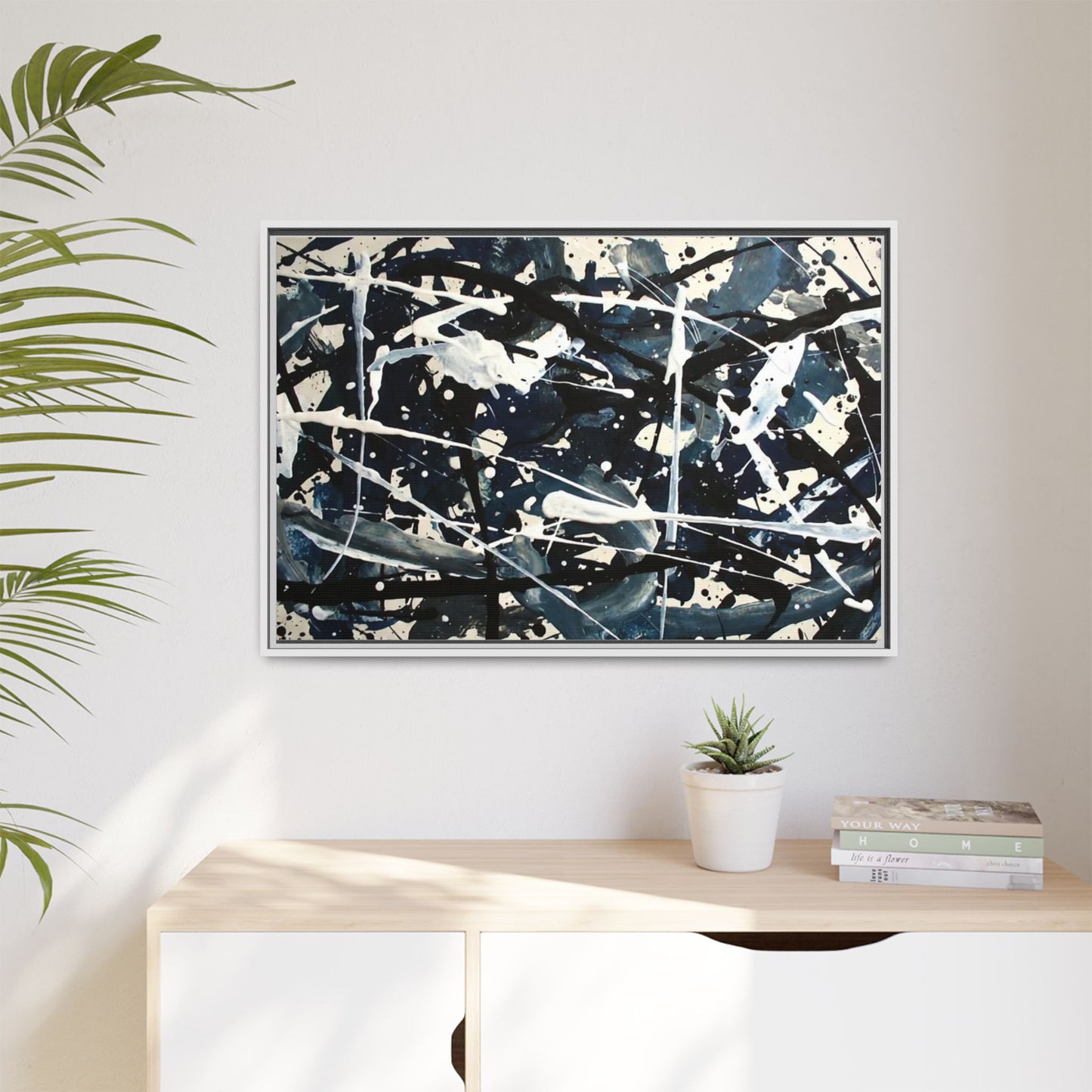 Abstract Splatter Matte Canvas Framed Wall Art — Black & Blue Modern Art Print