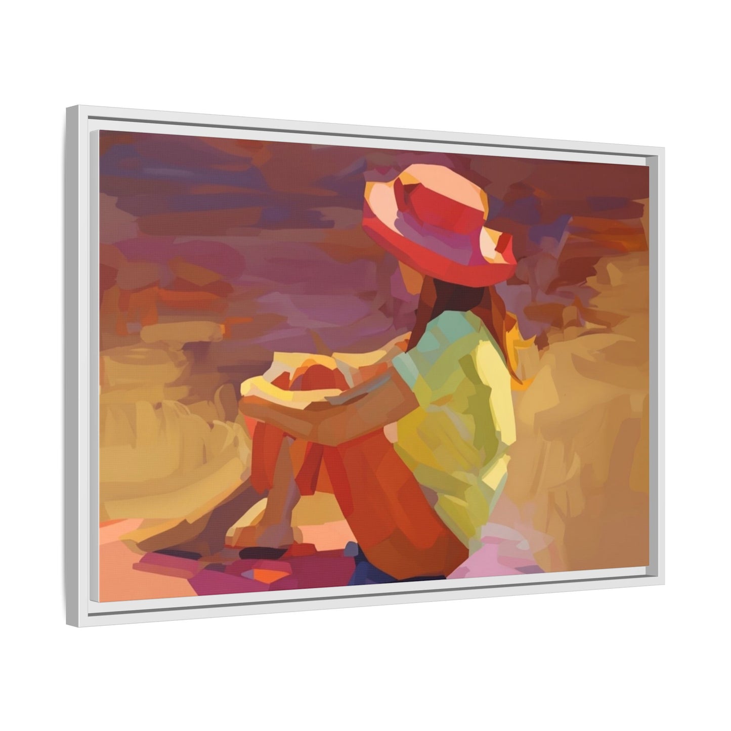 Framed Matte Canvas — Colorful Seated Girl Beach Art