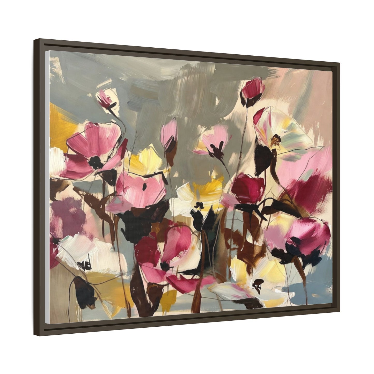 Framed Floral Canvas Wall Art — Abstract Pink & Yellow Flowers