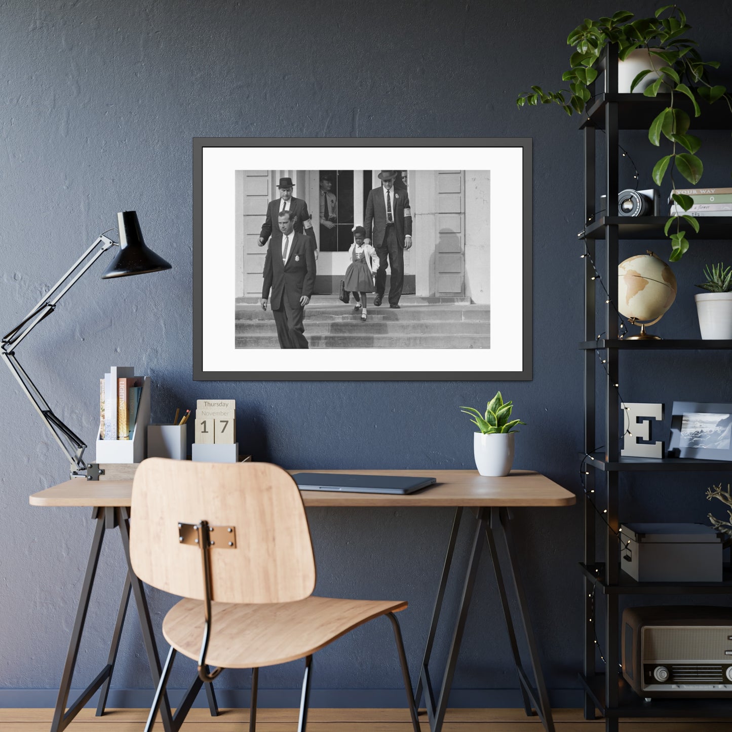 US Marshals with Young Ruby Bridges on School Steps by Unknown  Black & White Civil Rights Photograph Framed Wall Art Print