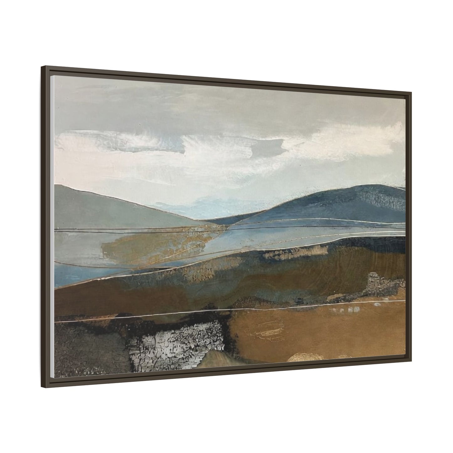 Framed Matte Canvas Landscape Art - Serene Abstract Hills in Blue & Earth Tones