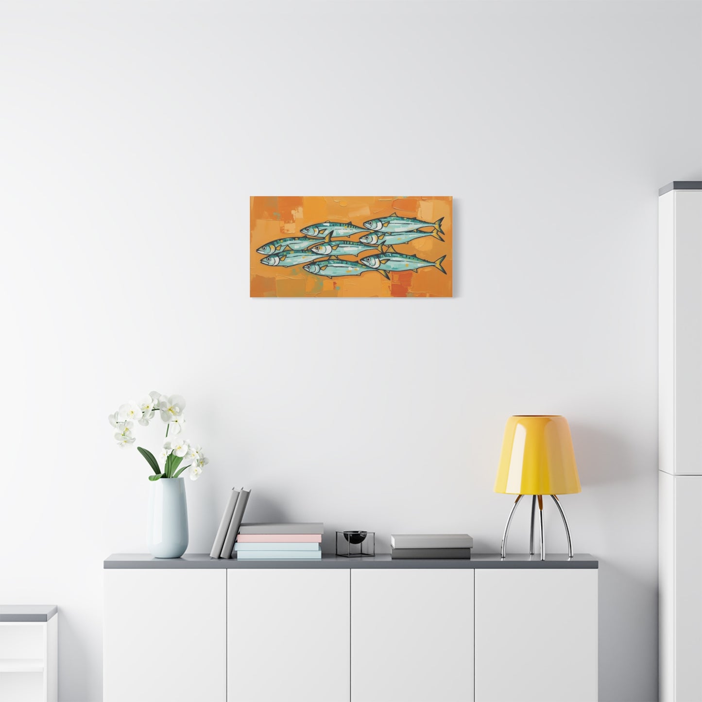 School of Mackerel Canvas Wall Art — Nautical Fish Painting on Orange Background