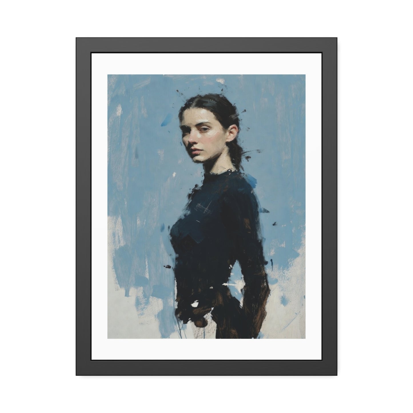 Framed Art Print — Moody Portrait with Blue Painterly Background