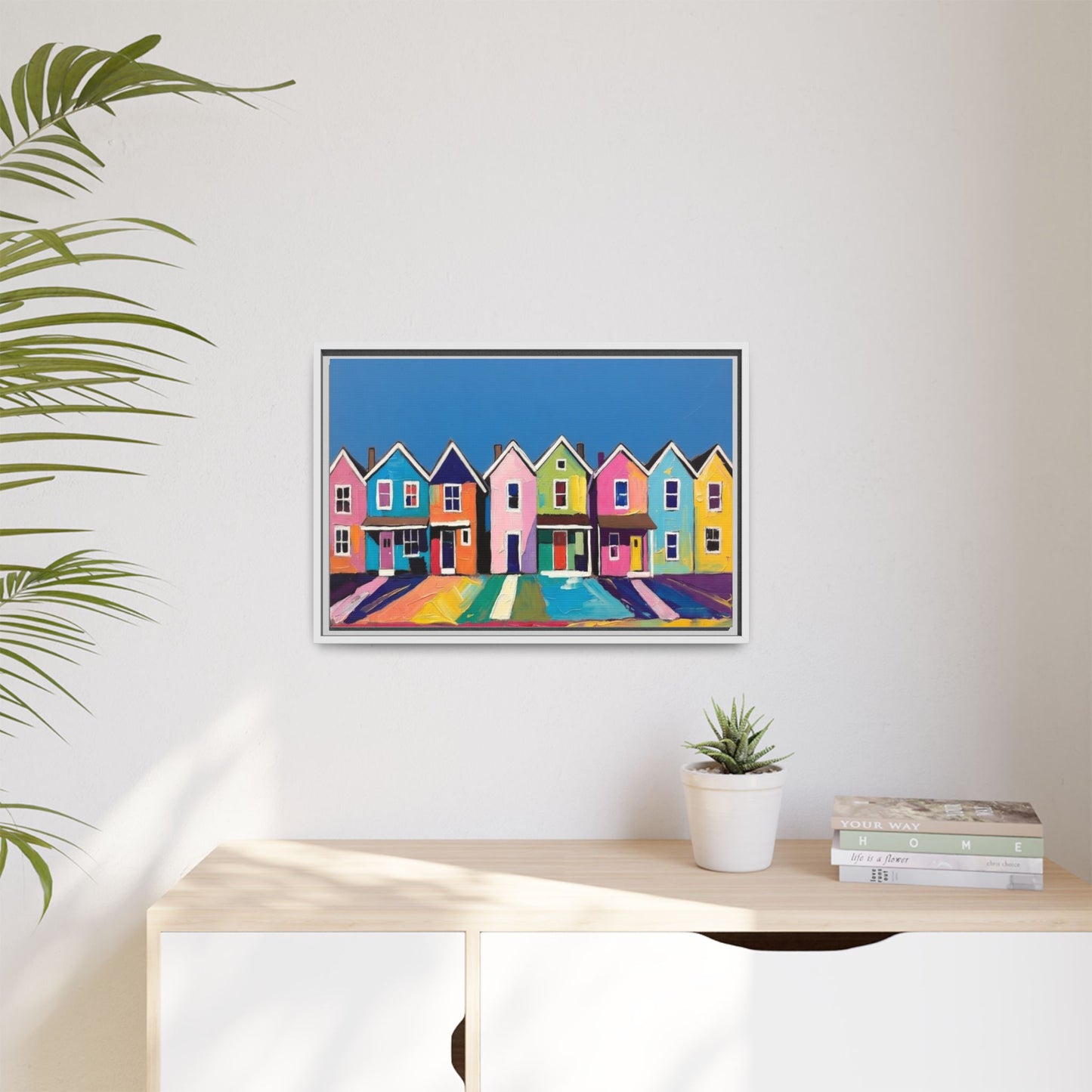Colorful Beach Houses Matte Canvas Framed Wall Art