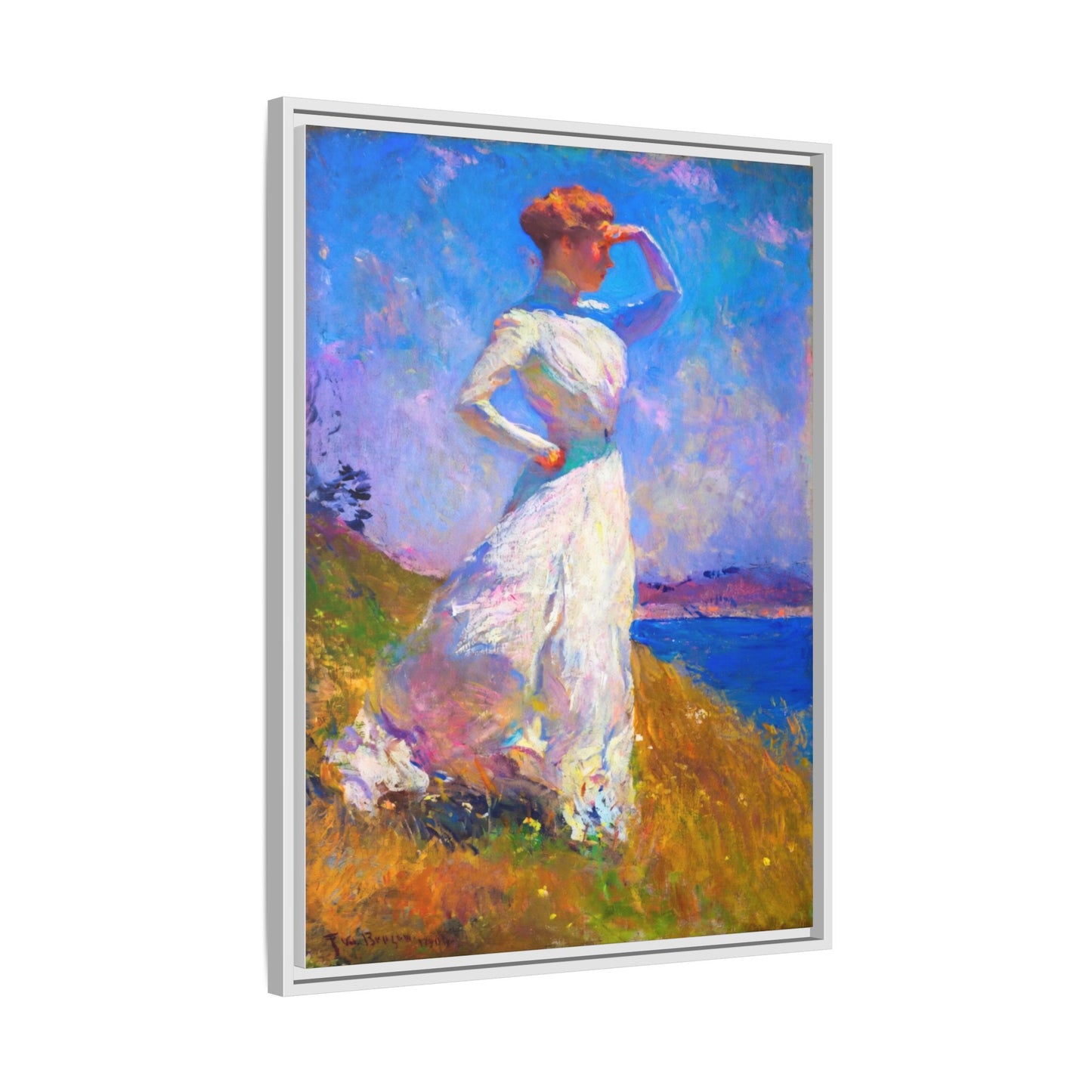 Framed Matte Canvas Art - Woman in White Seaside Impressionist Print