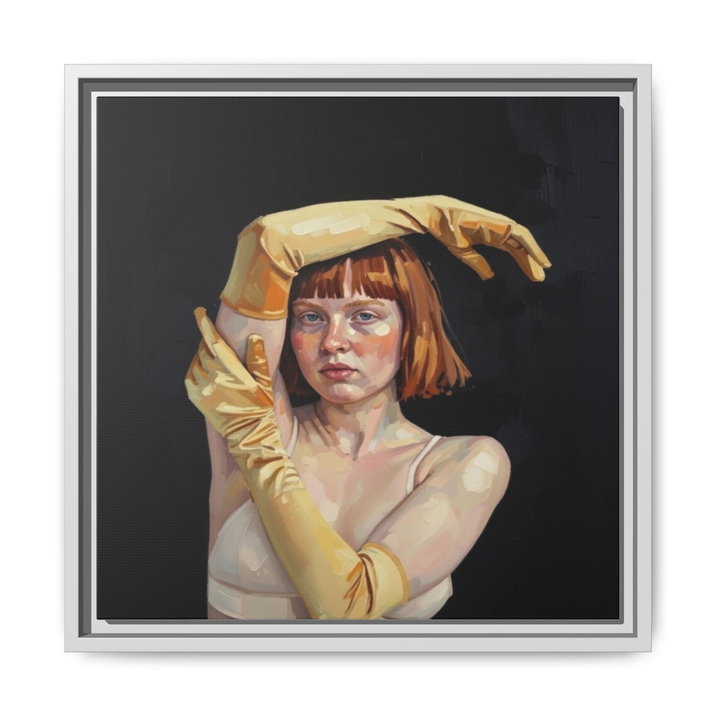 Framed Matte Canvas Art – Portrait of Woman in Yellow Gloves