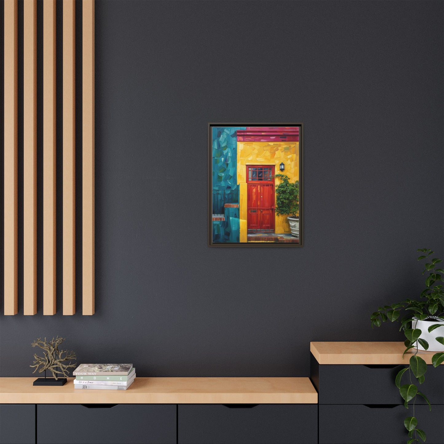 Framed Matte Canvas Wall Art — Colorful Red Door on Yellow Facade