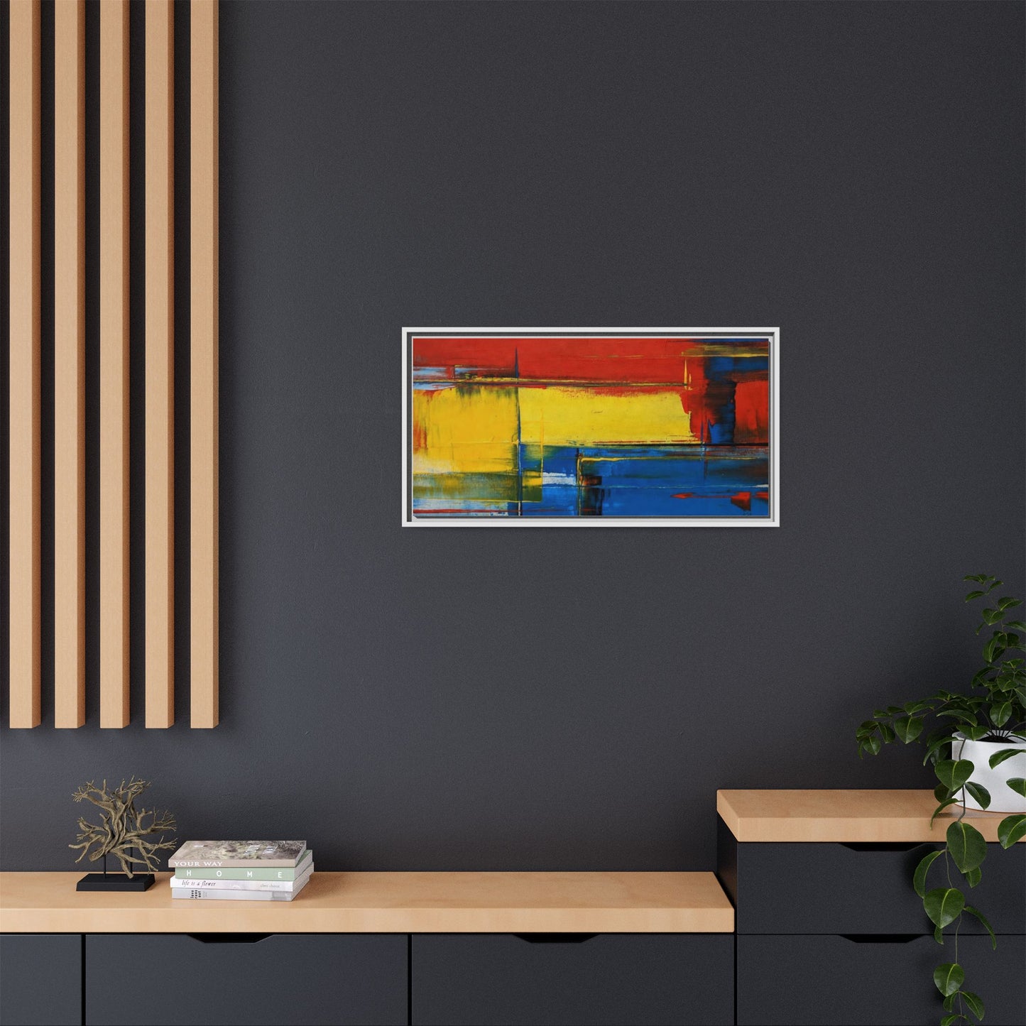 Abstract Color Block Matte Canvas Framed Wall Art — Modern Red Yellow Blue Painting