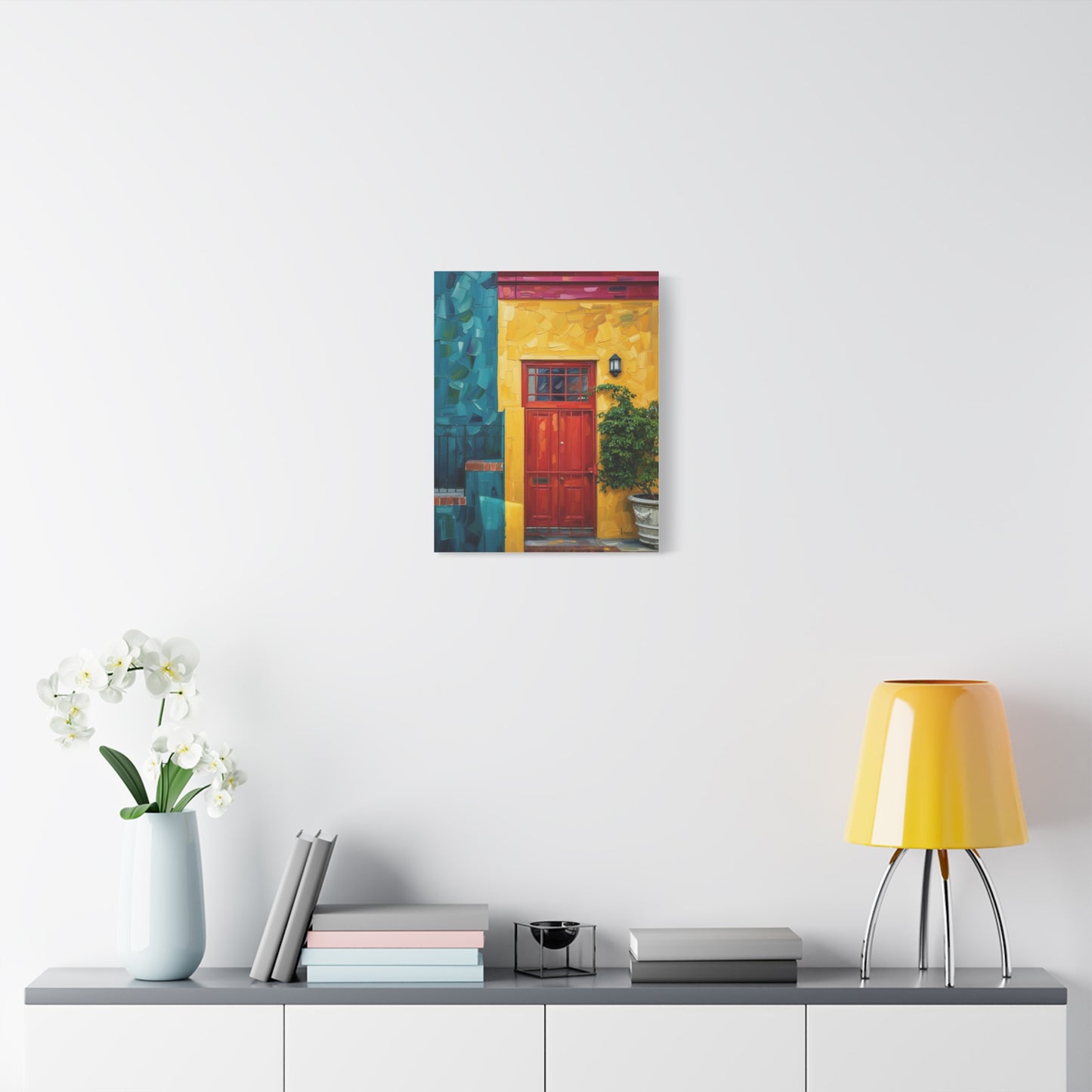 Colorful Doorway Canvas Wall Art — Vibrant Yellow & Teal Street Scene, Matte Stretched Print