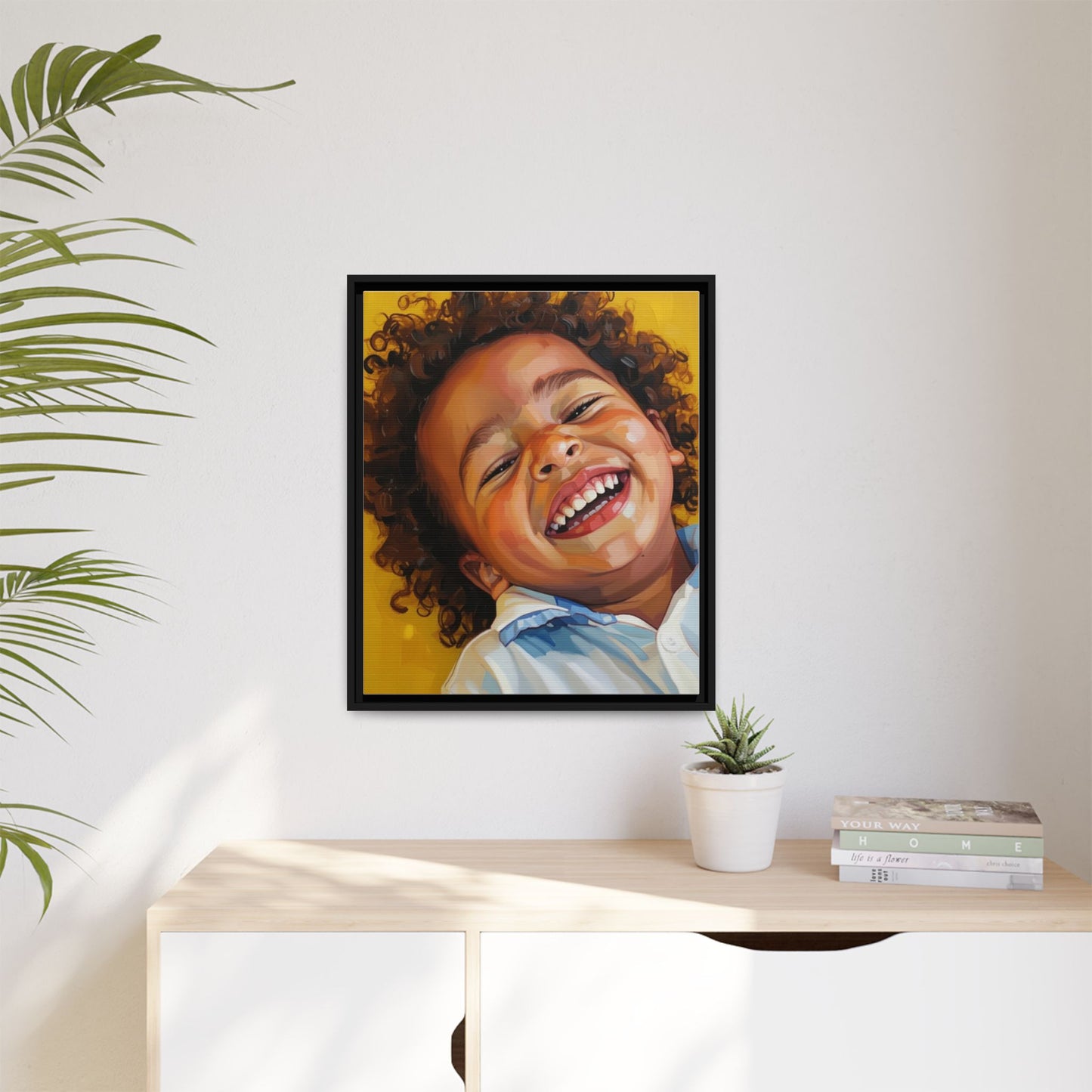 Framed Matte Canvas Print – Joyful Child Portrait, Colorful Nursery Wall Art