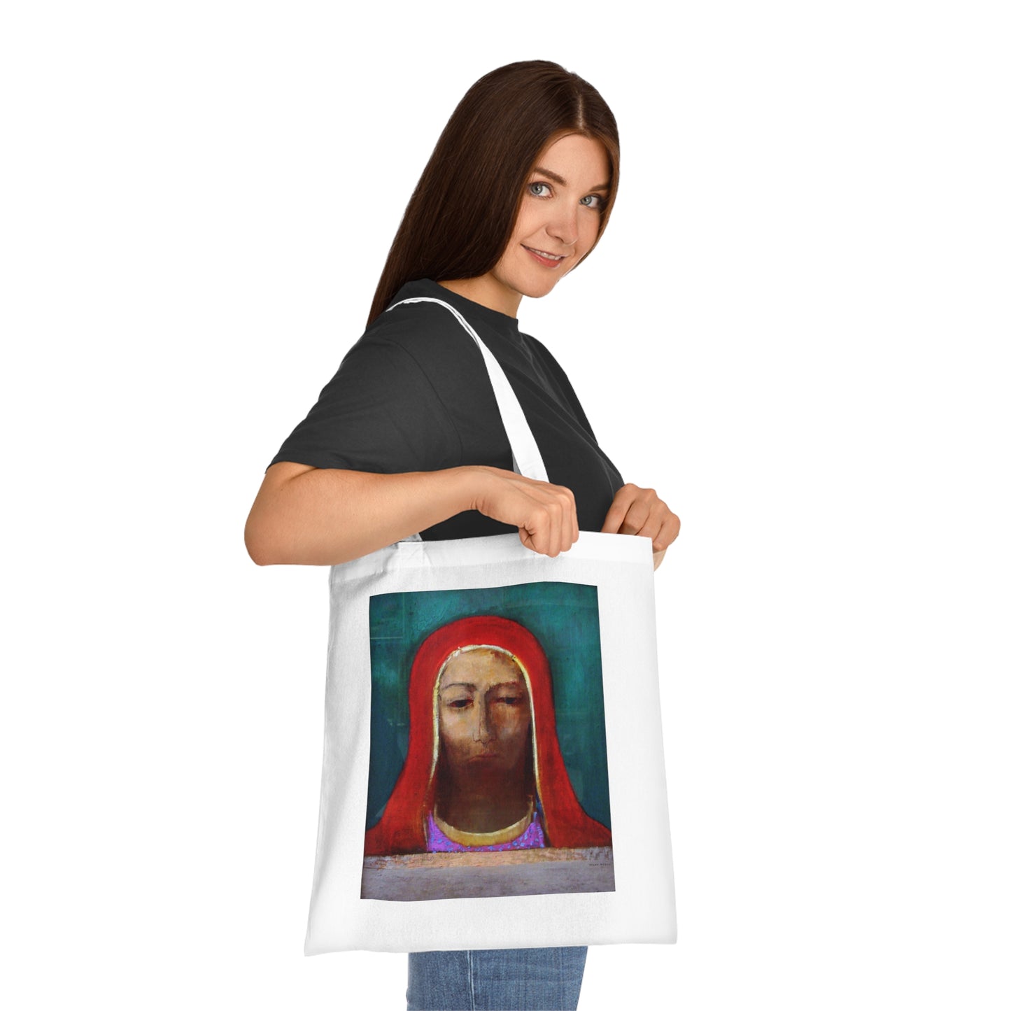 Art Portrait Tote Bag — Serene Red-Hooded Figure Canvas Cotton Tote