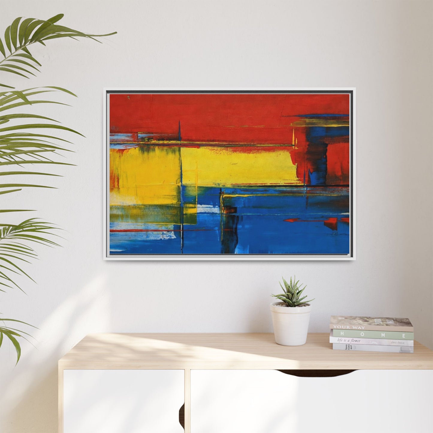 Abstract Color Block Matte Canvas Framed Wall Art — Modern Red Yellow Blue Painting