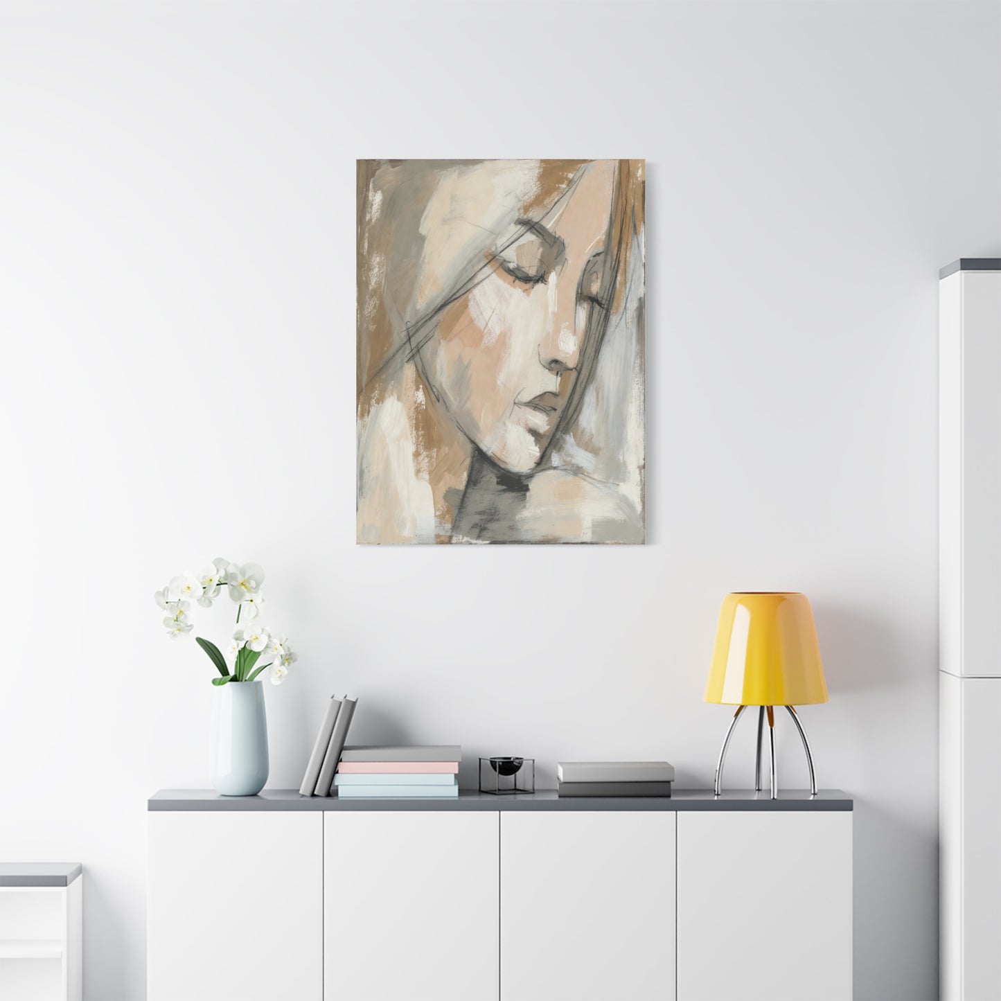 Serene Woman Portrait Matte Canvas Wall Art — Neutral Abstract Face Painting