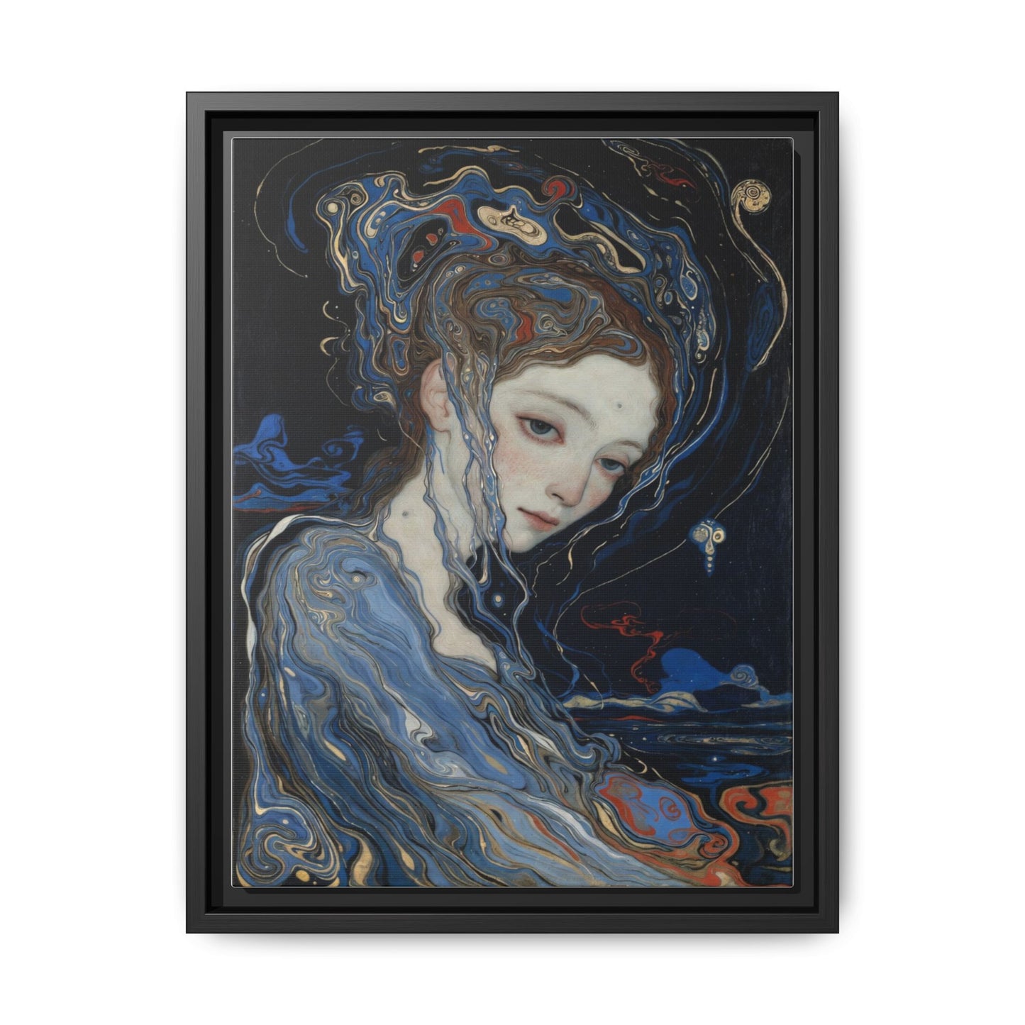 Framed Matte Canvas Art Print — Surreal Blue Maiden Portrait
