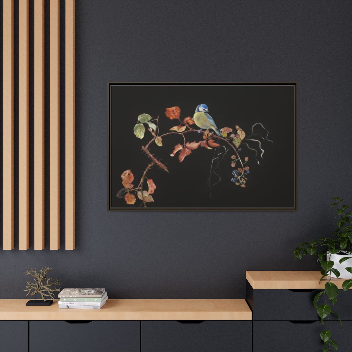 Framed Matte Canvas - Blue Tit on Autumn Branch Wall Art