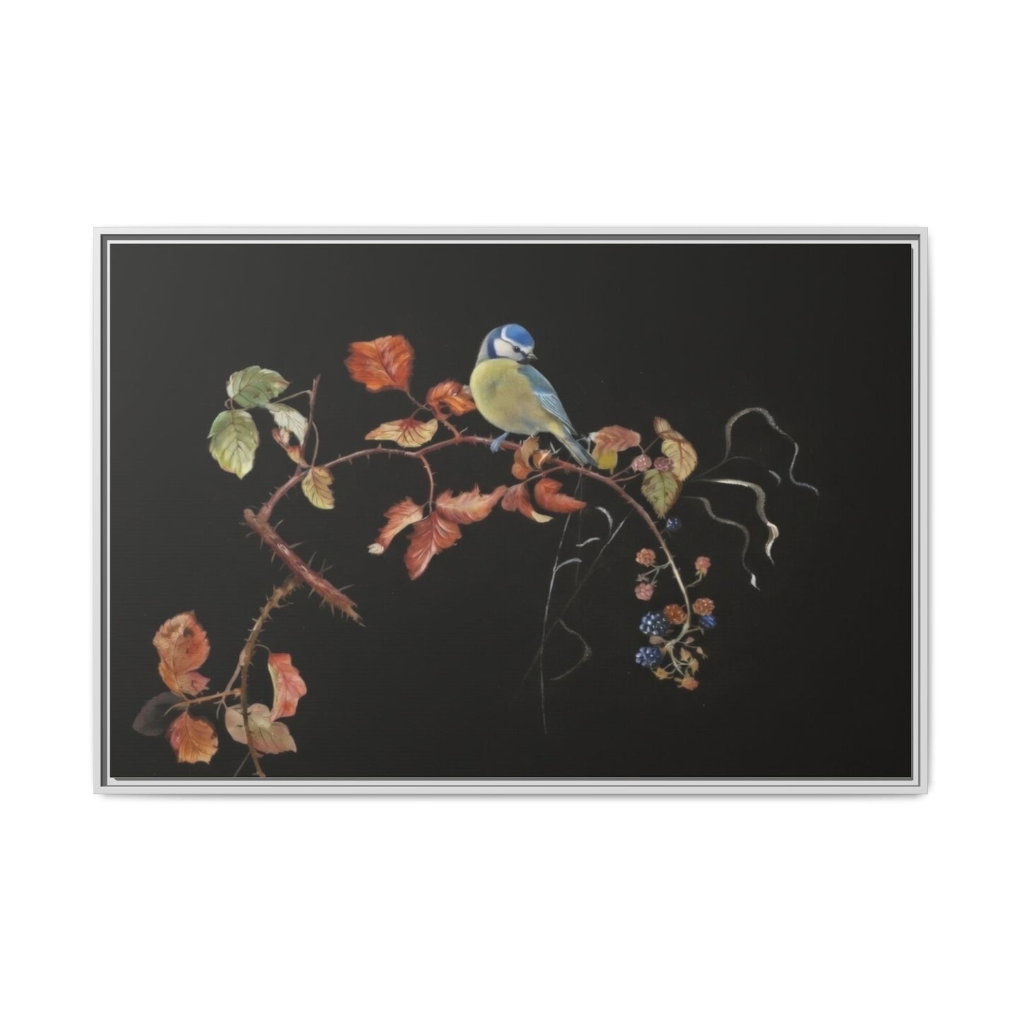 Framed Matte Canvas - Blue Tit on Autumn Branch Wall Art