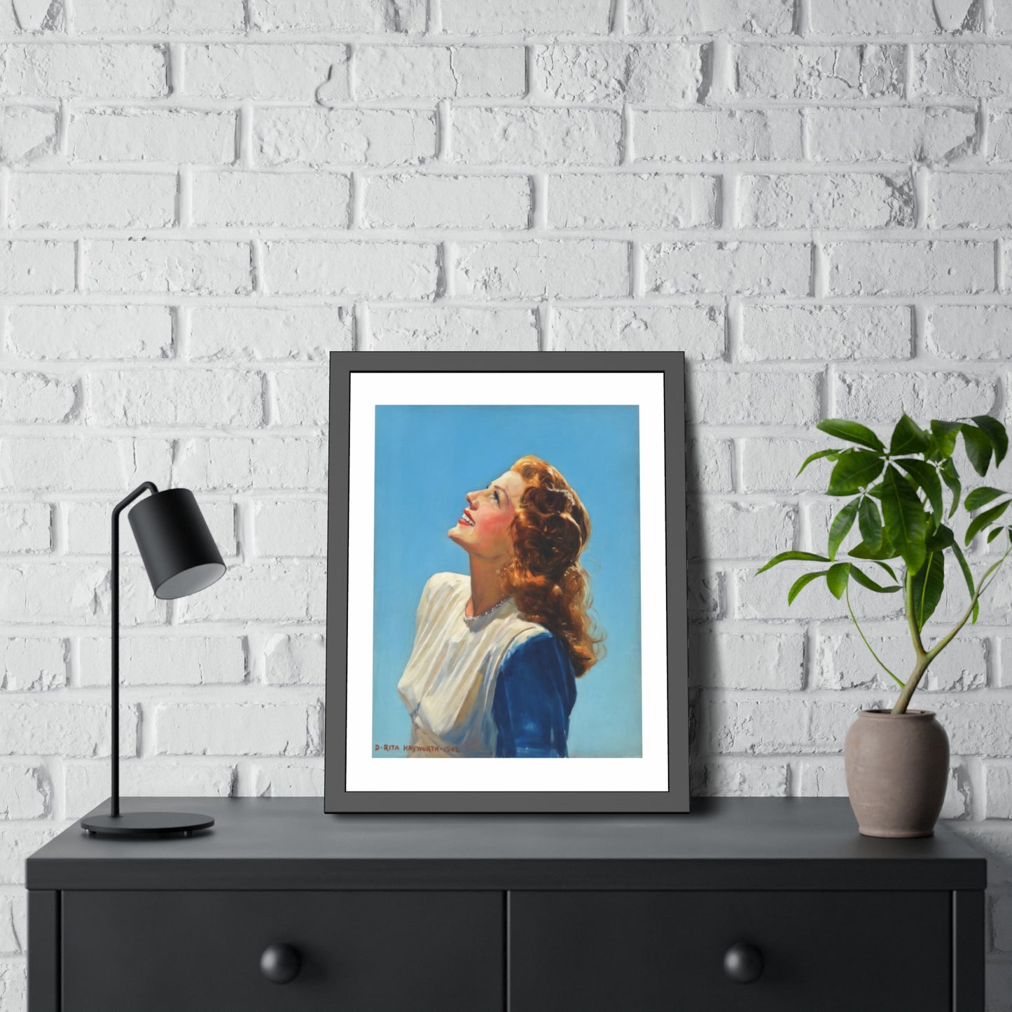 Vintage Rita Hayworth Looking Up Framed Art Print — Retro Mid-century Poster