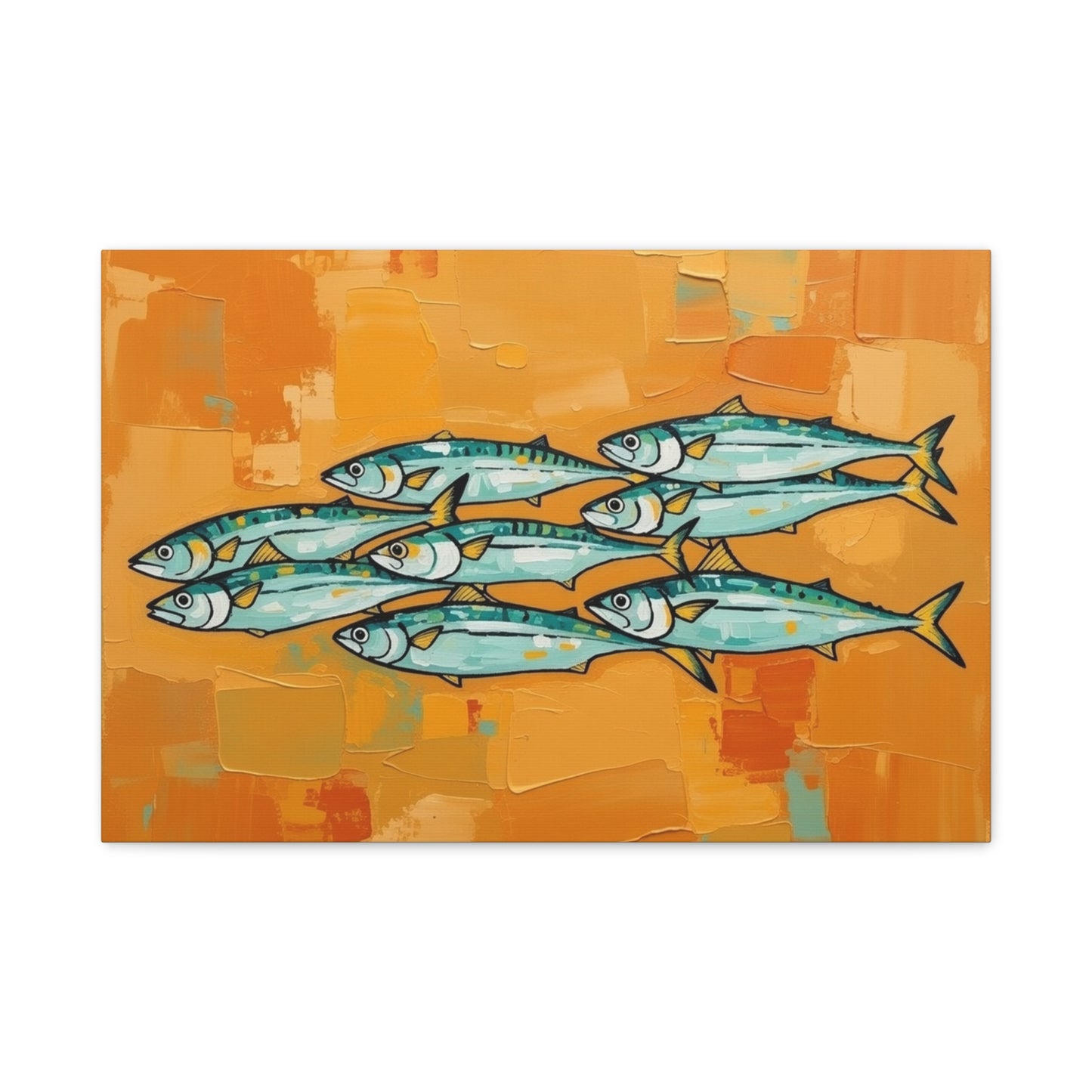 School of Mackerel Canvas Wall Art — Nautical Fish Painting on Orange Background