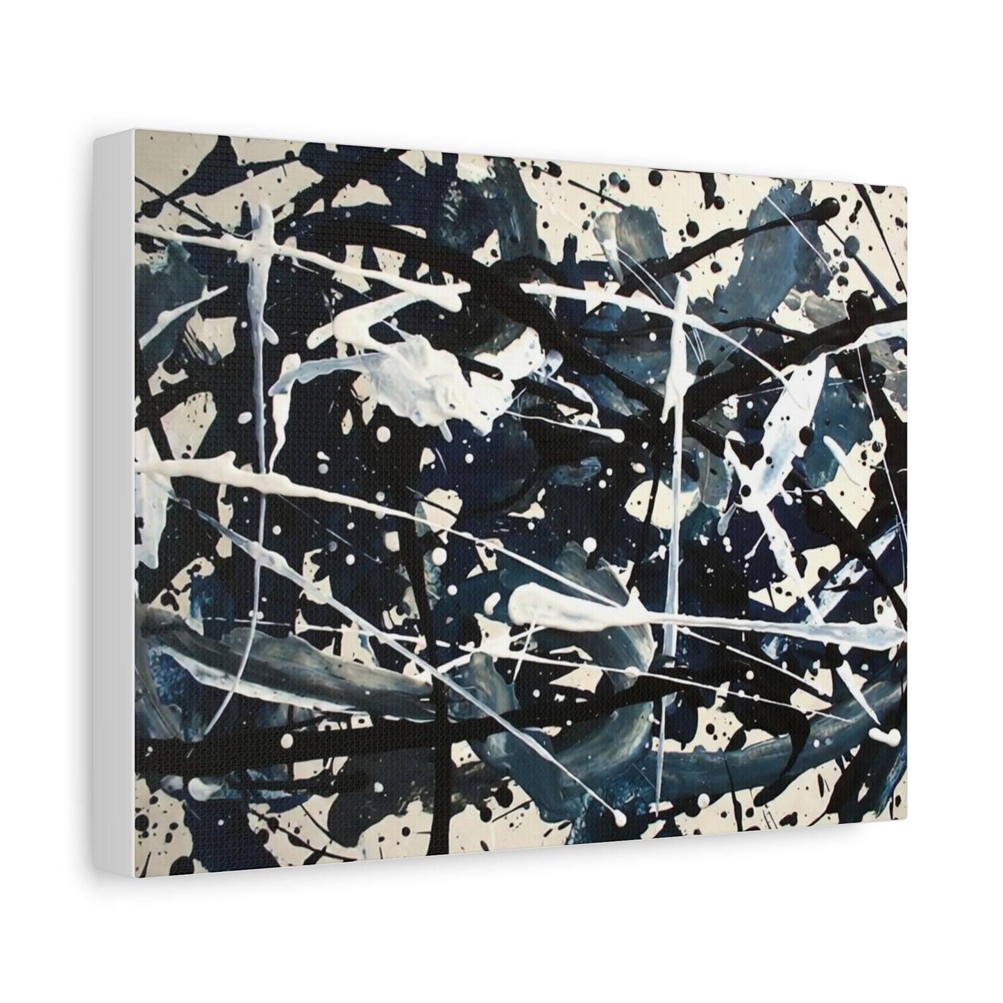 Abstract Drip Painting Canvas Print — Blue & Black Modern Wall Art (Matte Stretched)