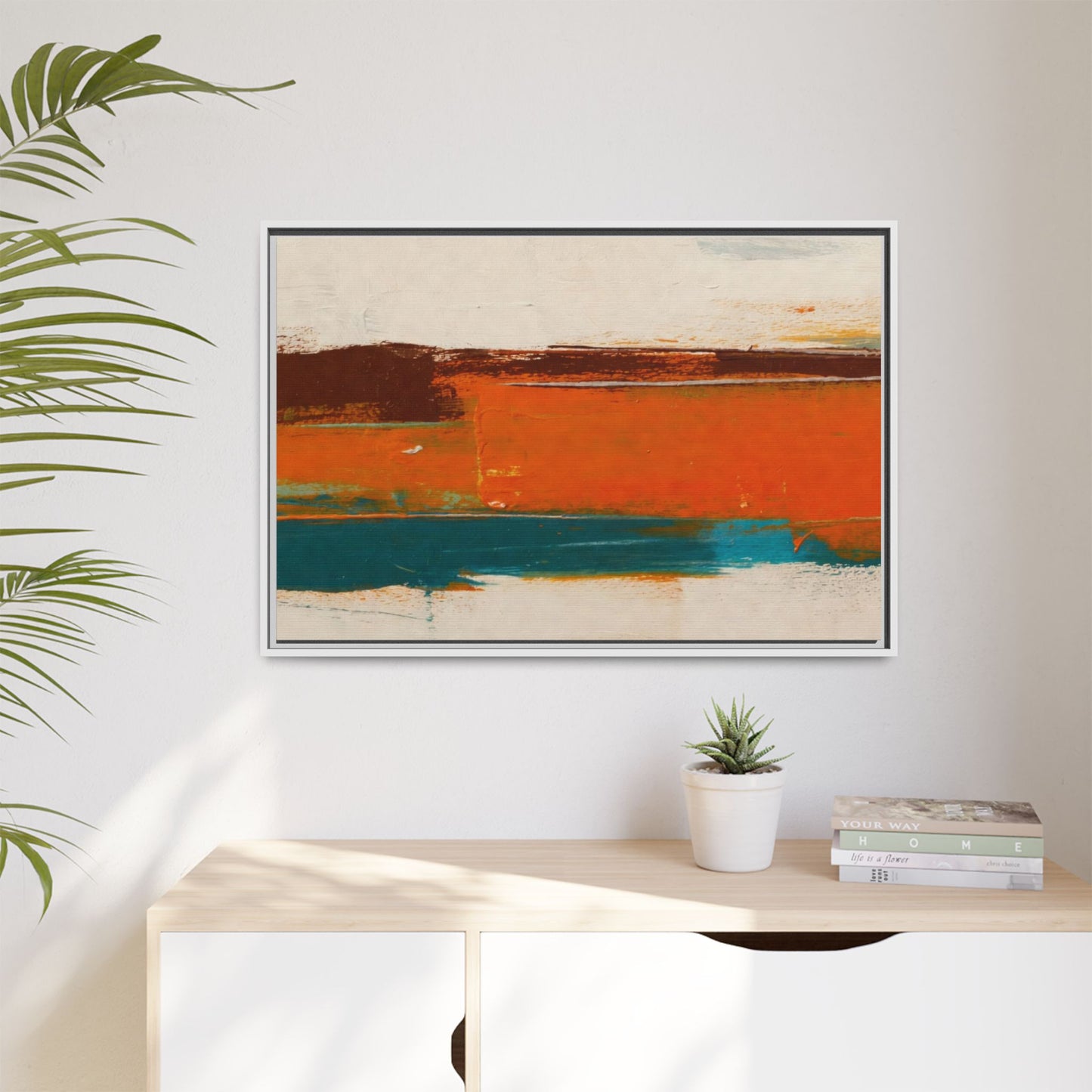 Abstract Horizon Matte Canvas Framed Print — Modern Orange Teal Wall Art