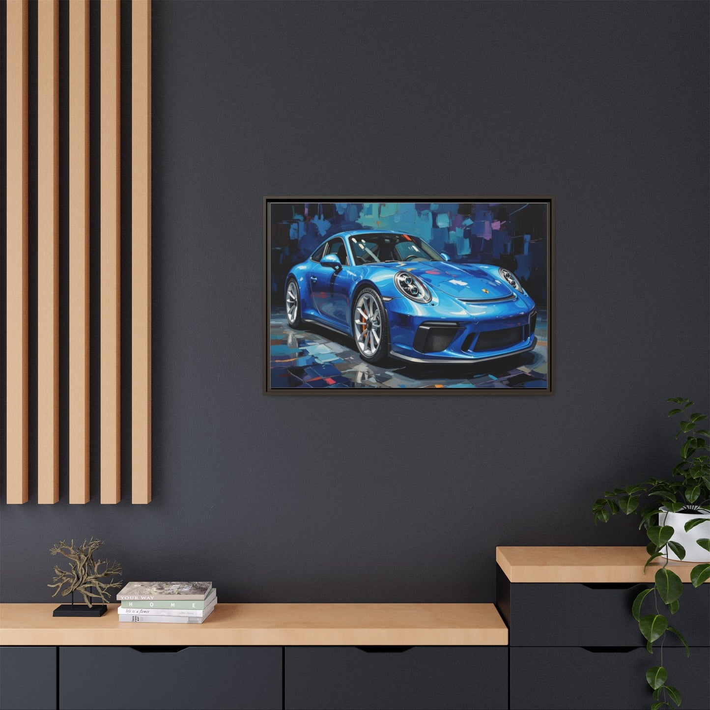 Blue Sports Car Matte Canvas Framed Print — Modern Automotive Wall Art